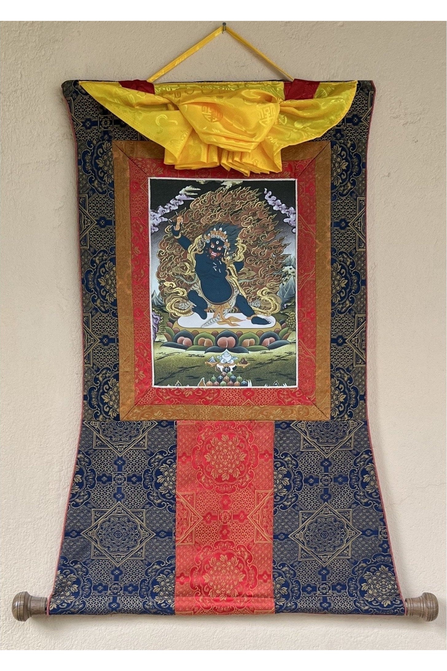 Vajrapani/ Thunderbolt - Wielder, Original Hand Painted Tibetan Thangka Painting Meditation Art with Premium Silk Frame ( Brocade) - Tibetan Thangka Art