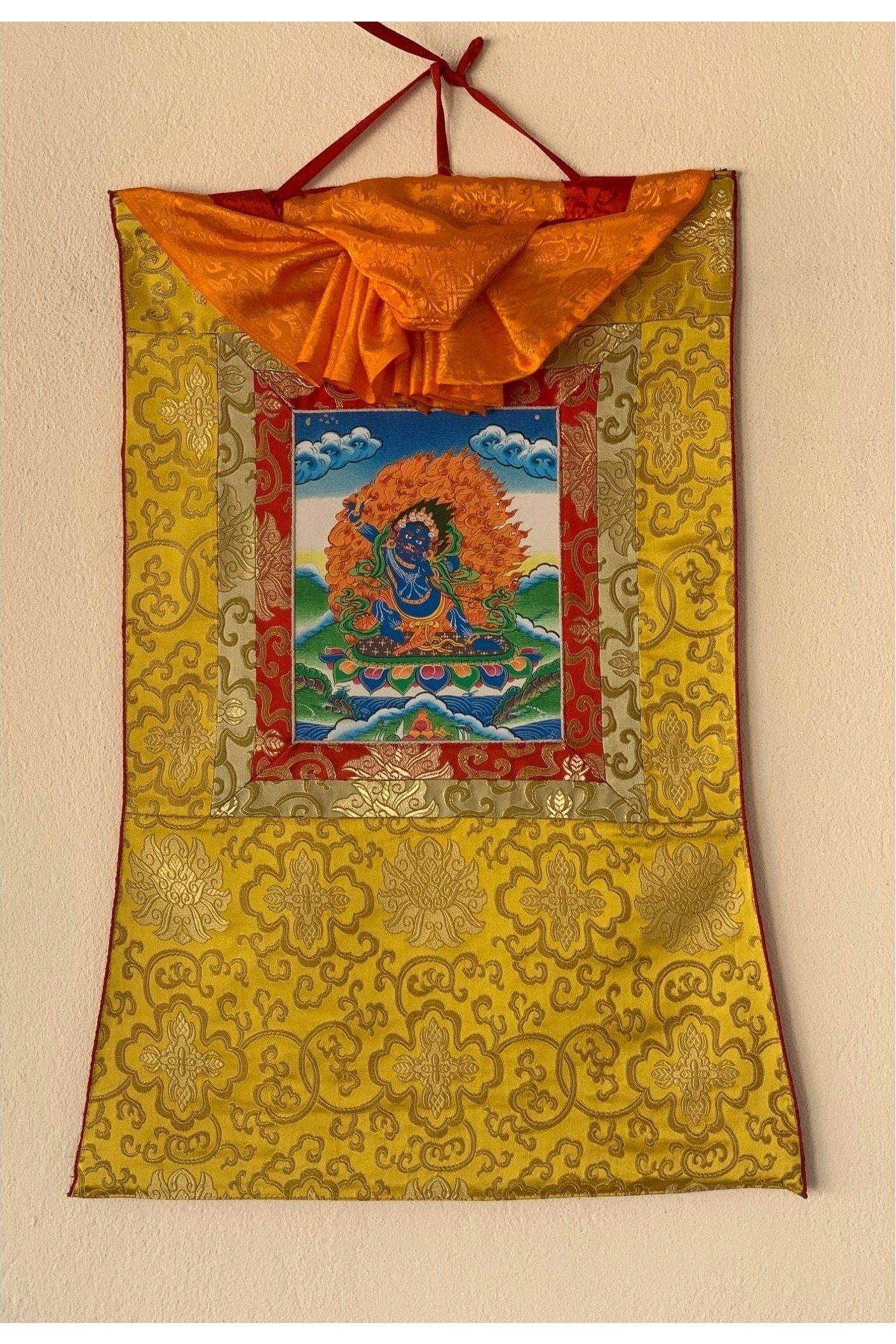 Vajrapani, Tibetan Thangka Painting, Original Hand Painting/ Buddhist Art with Silk Frame ( Brocade) - Tibetan Thangka Art