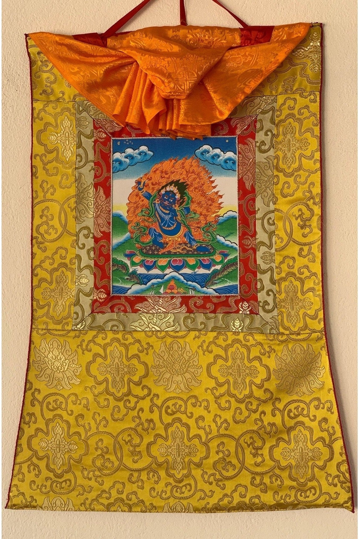 Vajrapani, Tibetan Thangka Painting, Original Hand Painting/ Buddhist Art with Silk Frame ( Brocade) - Tibetan Thangka Art