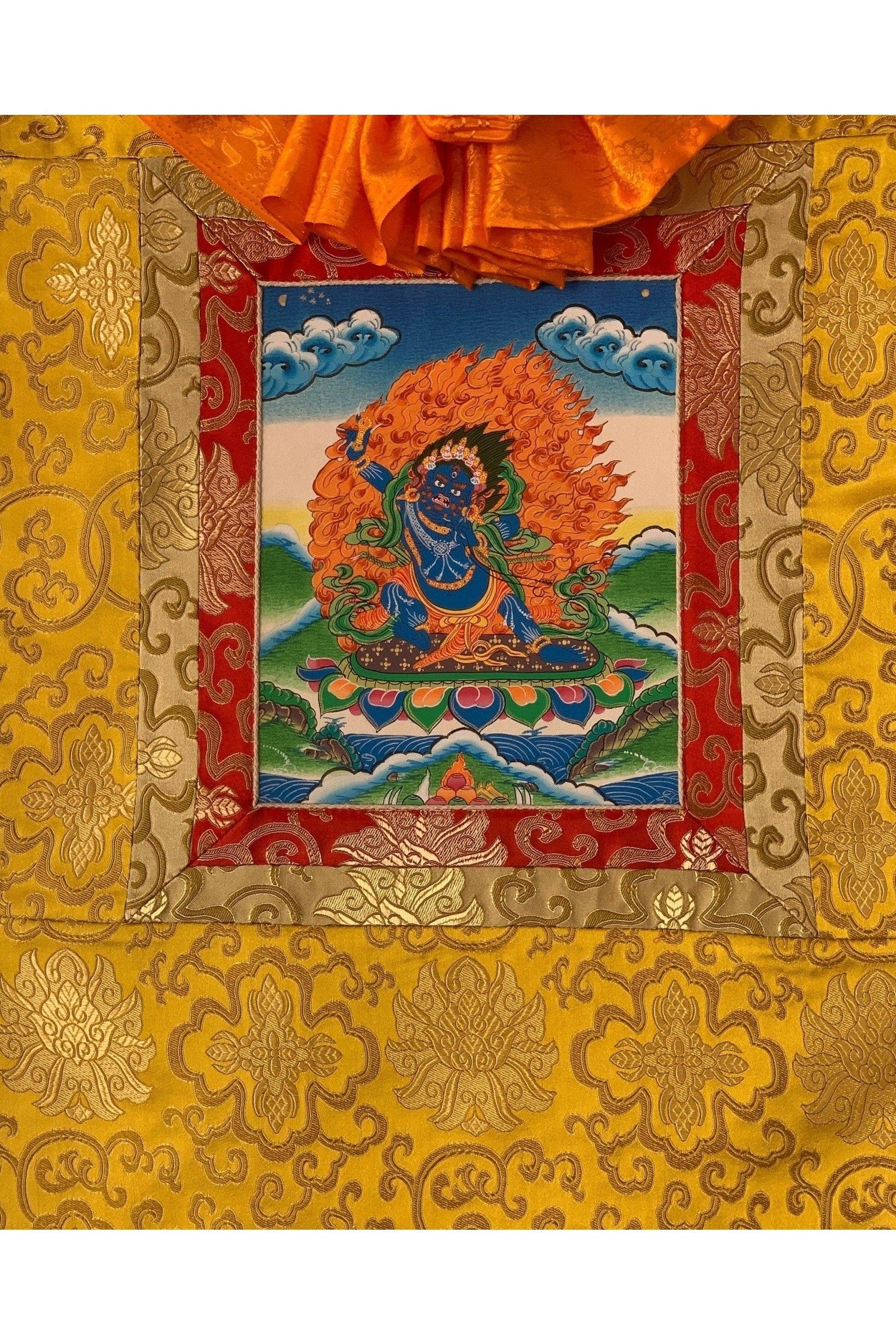 Vajrapani, Tibetan Thangka Painting, Original Hand Painting/ Buddhist Art with Silk Frame ( Brocade) - Tibetan Thangka Art