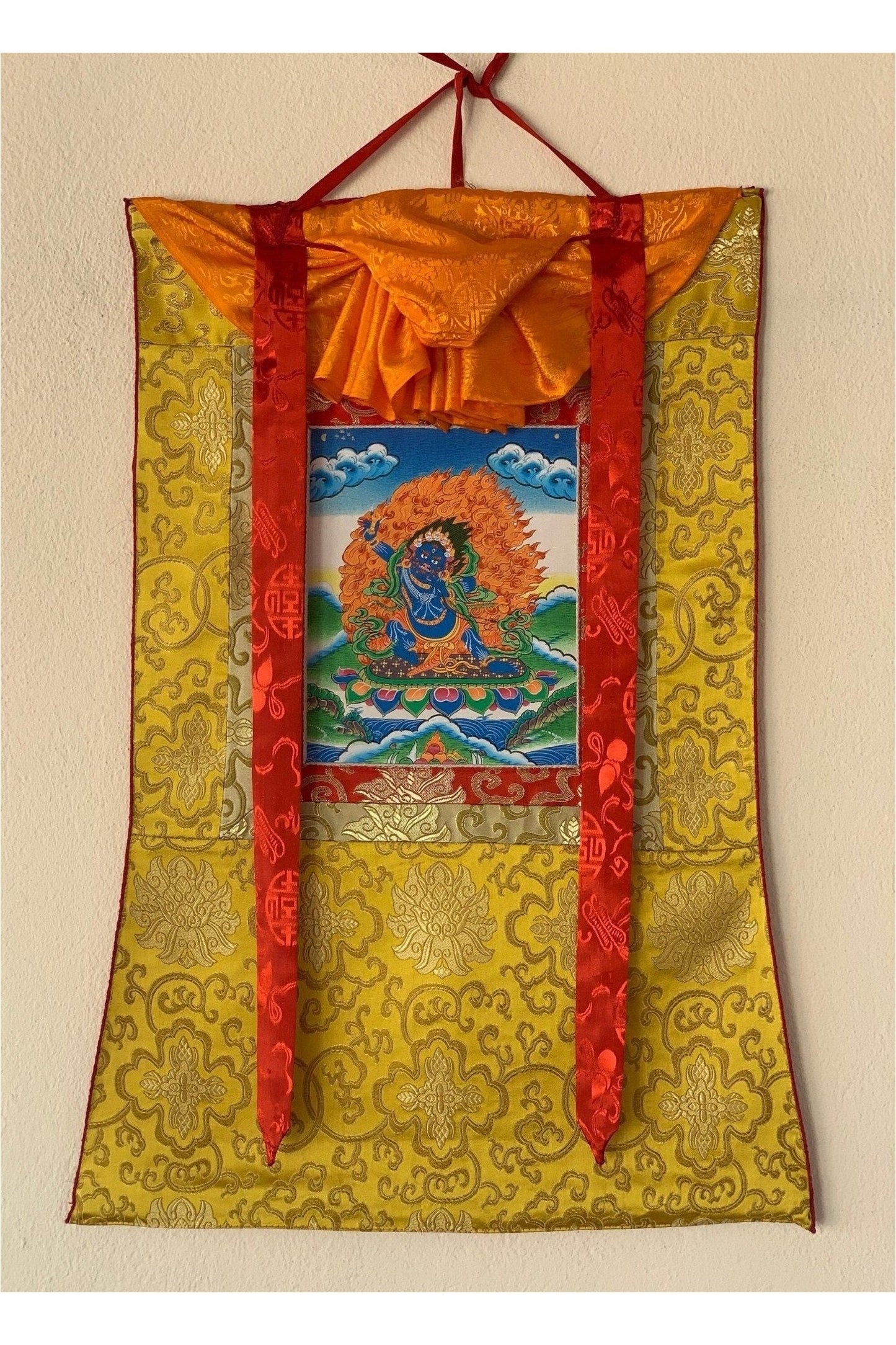 Vajrapani, Tibetan Thangka Painting, Original Hand Painting/ Buddhist Art with Silk Frame ( Brocade) - Tibetan Thangka Art