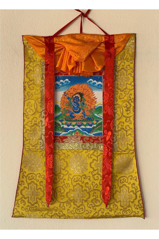 Vajrapani, Tibetan Thangka Painting, Original Hand Painting/ Buddhist Art with Silk Frame ( Brocade) - Tibetan Thangka Art