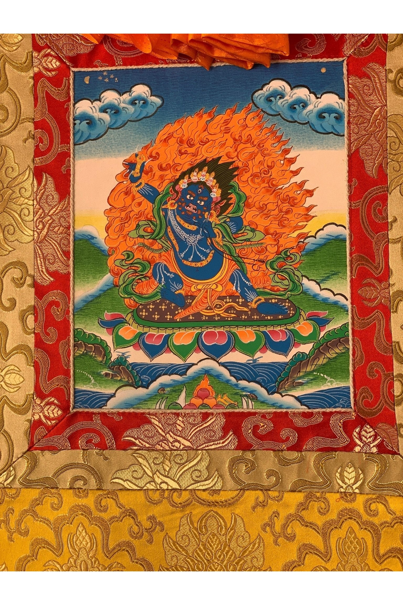 Vajrapani, Tibetan Thangka Painting, Original Hand Painting/ Buddhist Art with Silk Frame ( Brocade) - Tibetan Thangka Art