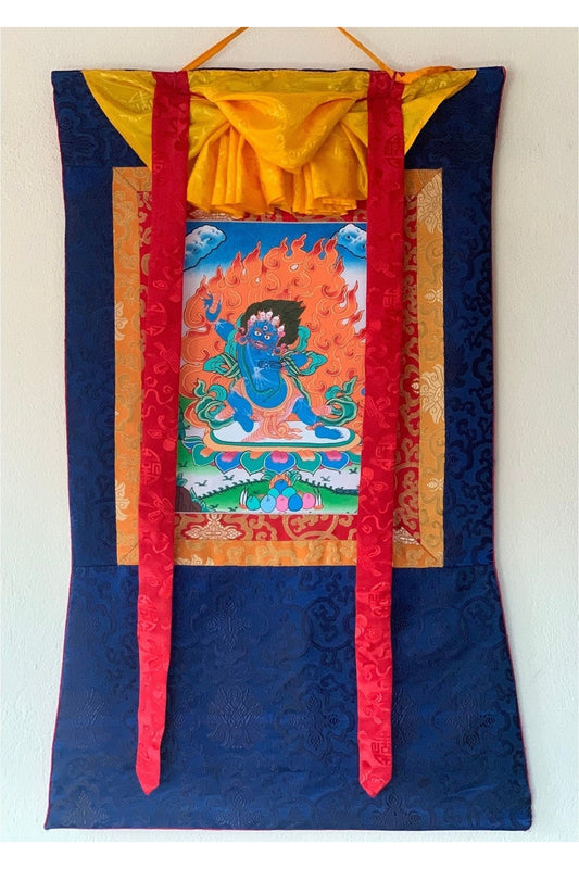 Vajrapani/Dharma Protector/ Thunderbolt - Wielder/ Tibetan Thangka Painting, Original Art with Silk Frame ( Brocade) - Tibetan Thangka Art