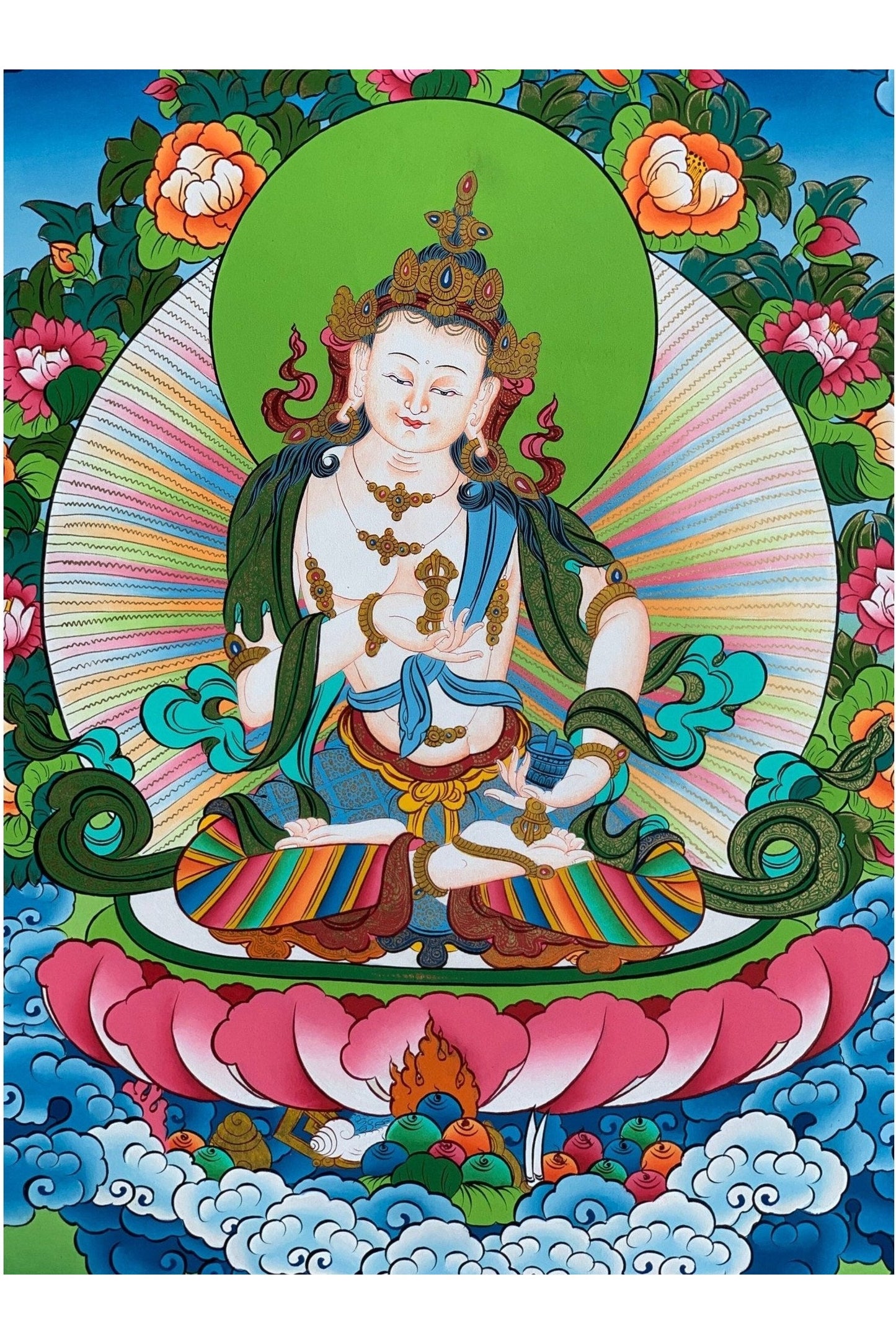 Vajrasattva, Dorje Sempa, Dhyani Buddha, Blessed Thangka Painting, Original Art 17x24 Inch - Tibetan Thangka Art