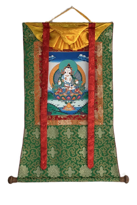 Vajrasattva/ Dorje Sempa/ Dhyani Buddha/ Bodhisattva of Compassion Tibetan Thangka Painting Original Hand - painted Art with Silk Brocade - Tibetan Thangka Art