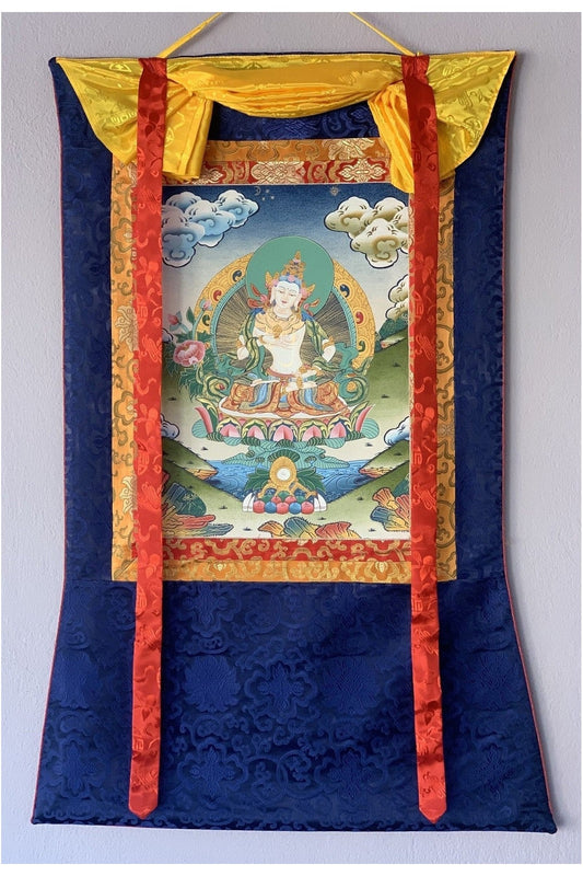 Vajrasattva, Dorje Sempa, Dhyani Buddha, Master Quality Tibetan Thangka Painting, Original Art with Silk Brocade - Tibetan Thangka Art