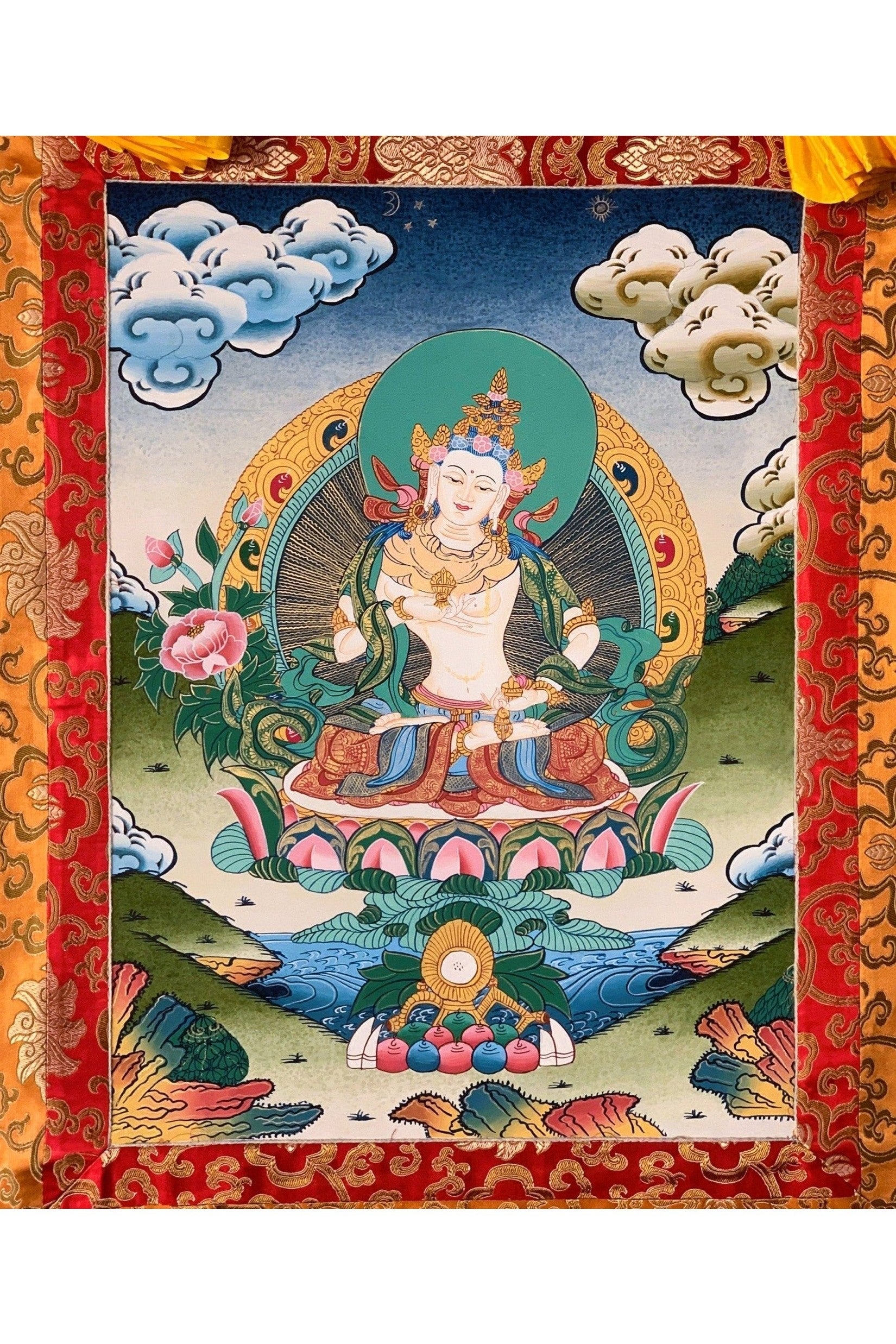 Vajrasattva, Dorje Sempa, Dhyani Buddha, Master Quality Tibetan Thangka Painting, Original Art with Silk Brocade - Tibetan Thangka Art