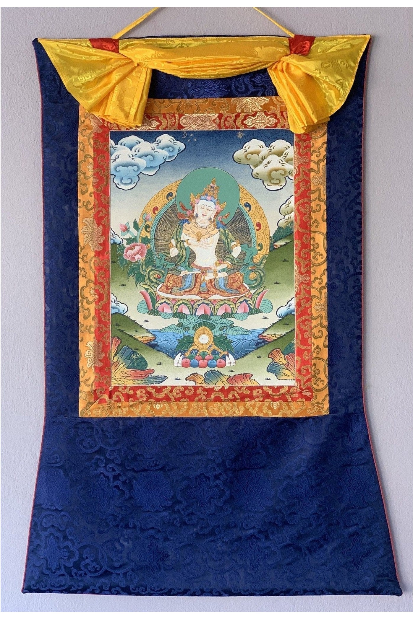 Vajrasattva, Dorje Sempa, Dhyani Buddha, Master Quality Tibetan Thangka Painting, Original Art with Silk Brocade - Tibetan Thangka Art