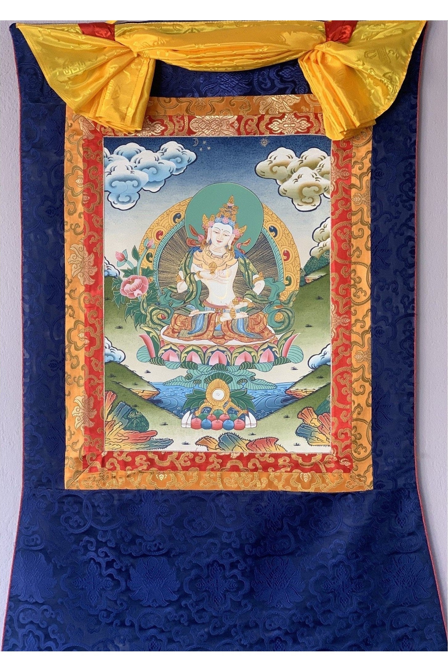 Vajrasattva, Dorje Sempa, Dhyani Buddha, Master Quality Tibetan Thangka Painting, Original Art with Silk Brocade - Tibetan Thangka Art