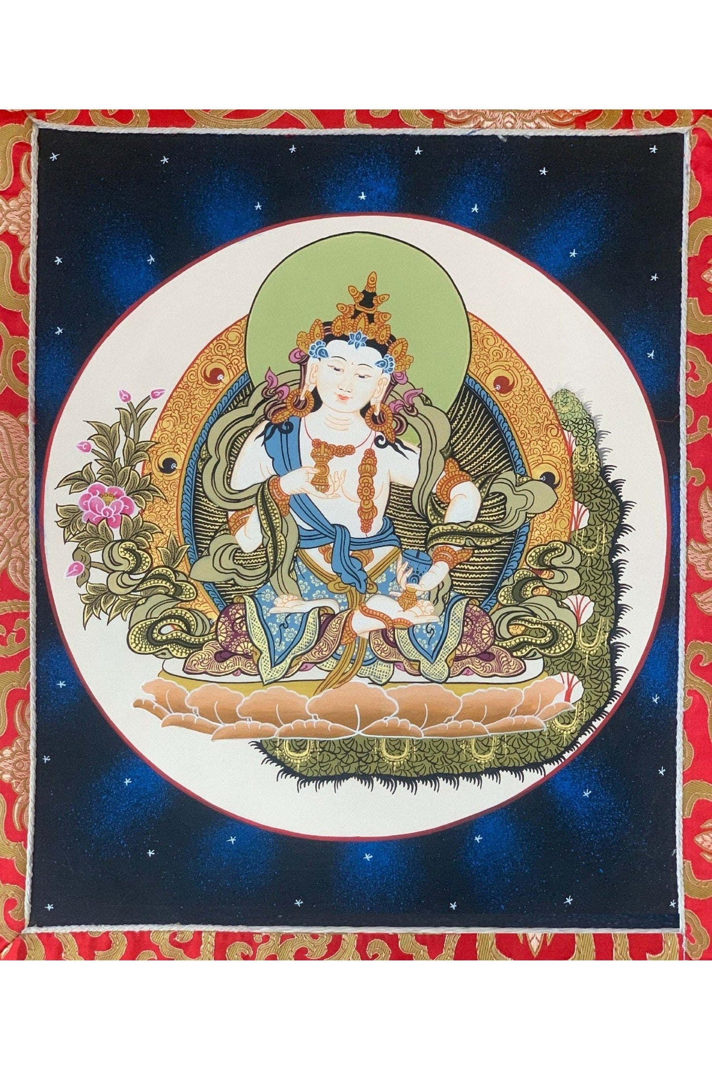 Vajrasattva, Dorje Sempa, Dhyani Buddha, Tibetan Thangka Painting, Original Art Framed with Silk - Tibetan Thangka Art