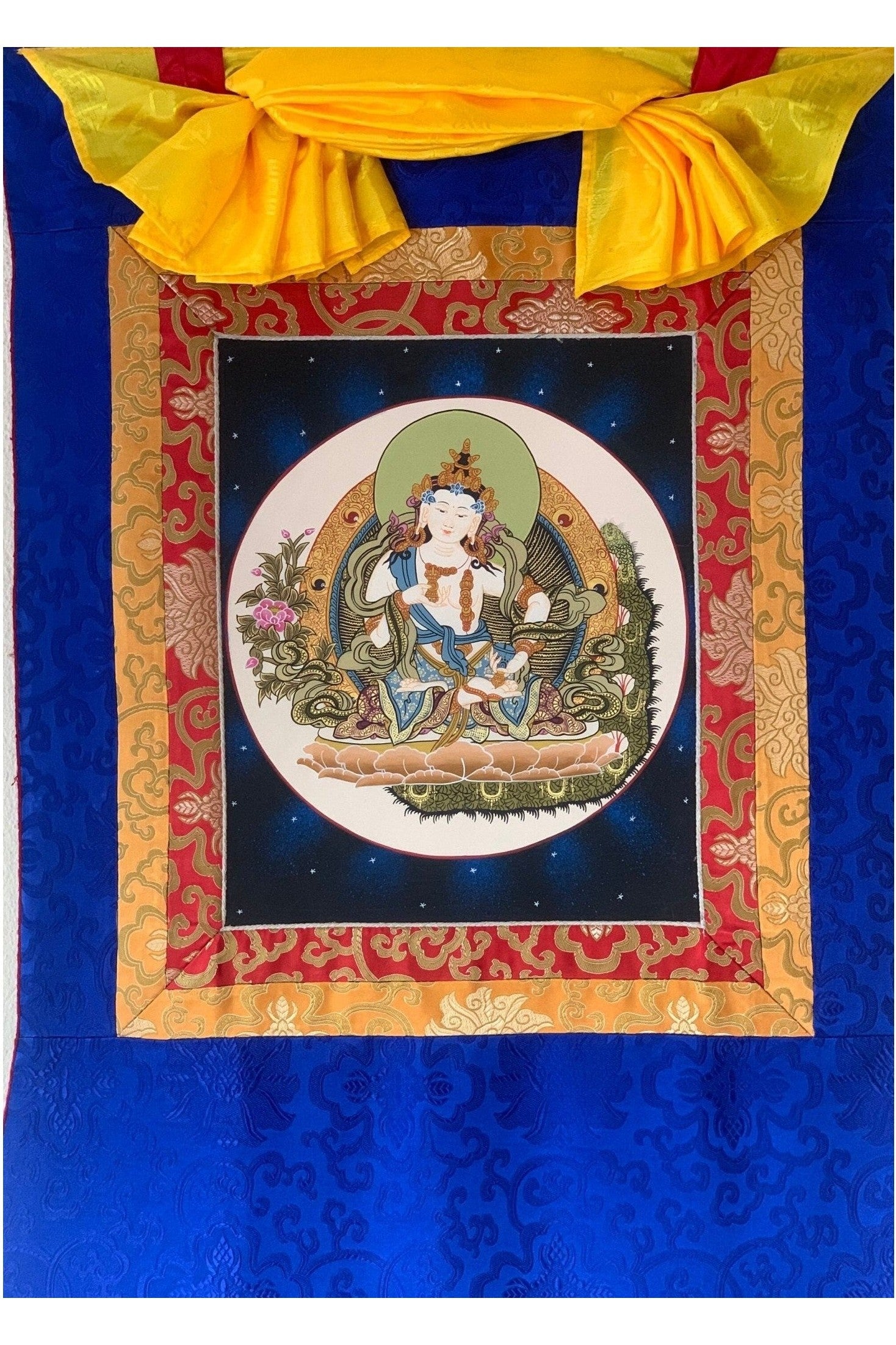 Vajrasattva, Dorje Sempa, Dhyani Buddha, Tibetan Thangka Painting, Original Art Framed with Silk - Tibetan Thangka Art