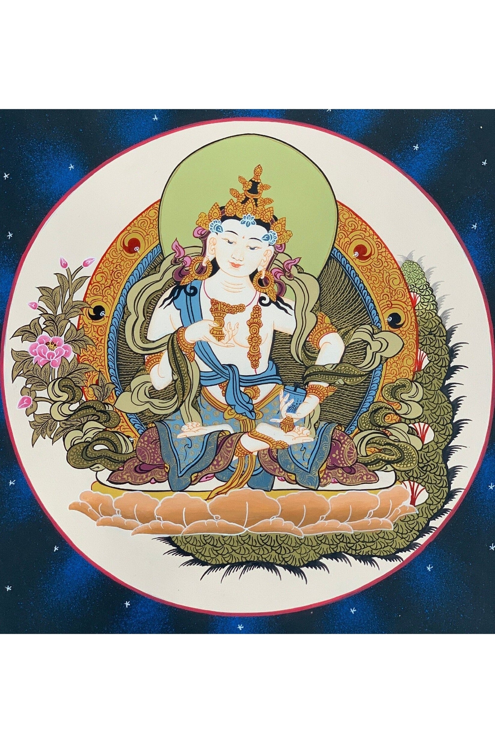 Vajrasattva, Dorje Sempa, Dhyani Buddha, Tibetan Thangka Painting, Original Art Framed with Silk - Tibetan Thangka Art