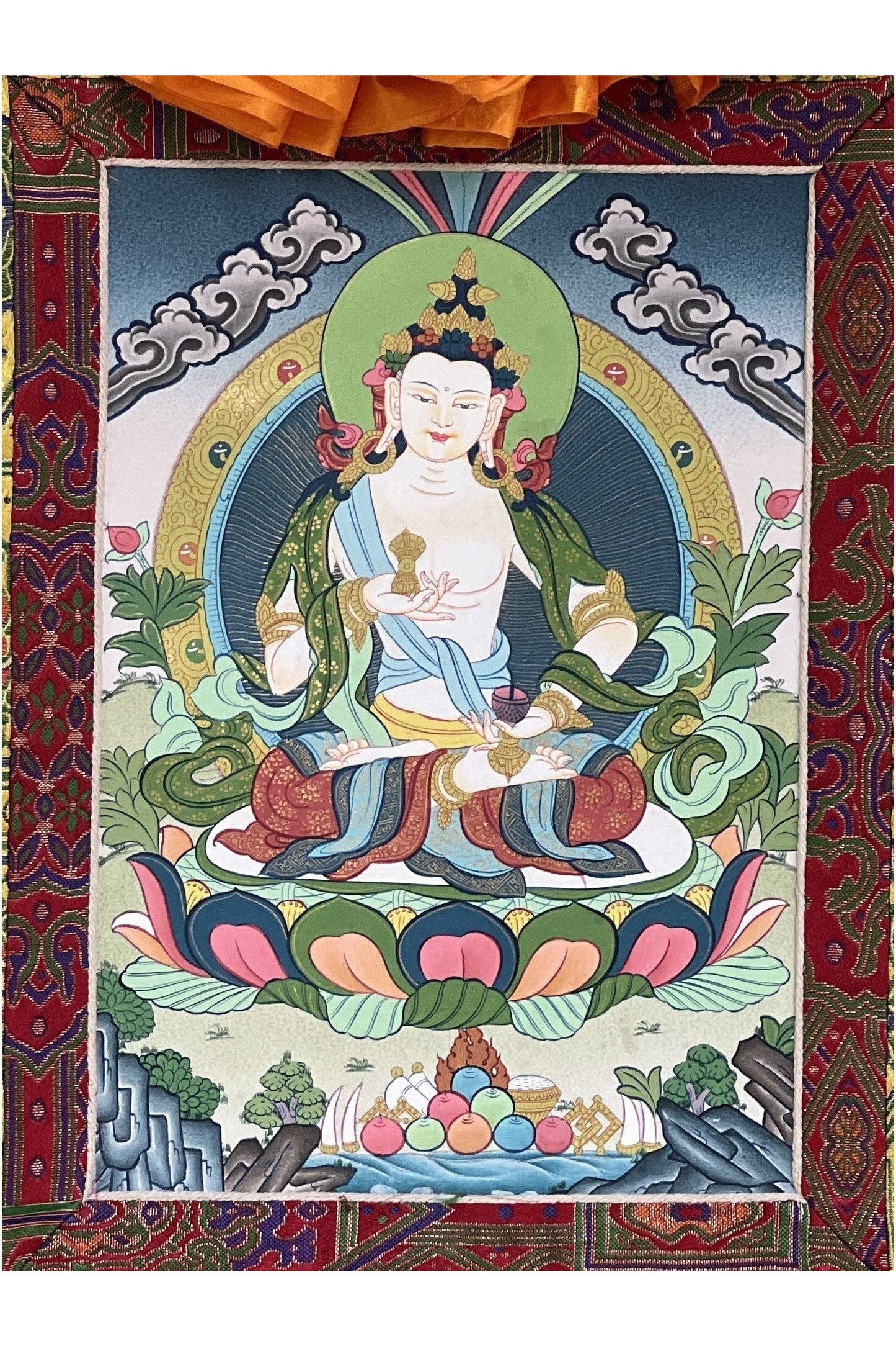 Vajrasattva/ Dorje Sempa/ Dhyani Buddha Tibetan Thangka Painting Original Buddhist Art/ Painting with High Quality Silk Brocade - Tibetan Thangka Art