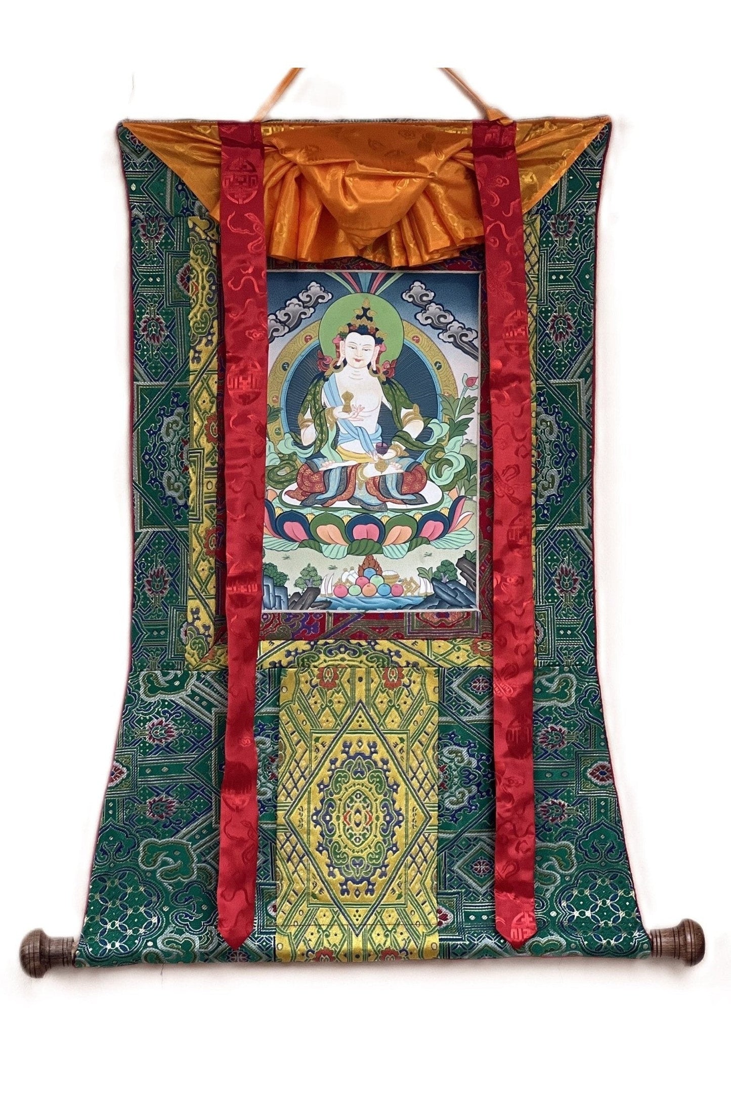 Vajrasattva/ Dorje Sempa/ Dhyani Buddha Tibetan Thangka Painting Original Buddhist Art/ Painting with High Quality Silk Brocade - Tibetan Thangka Art