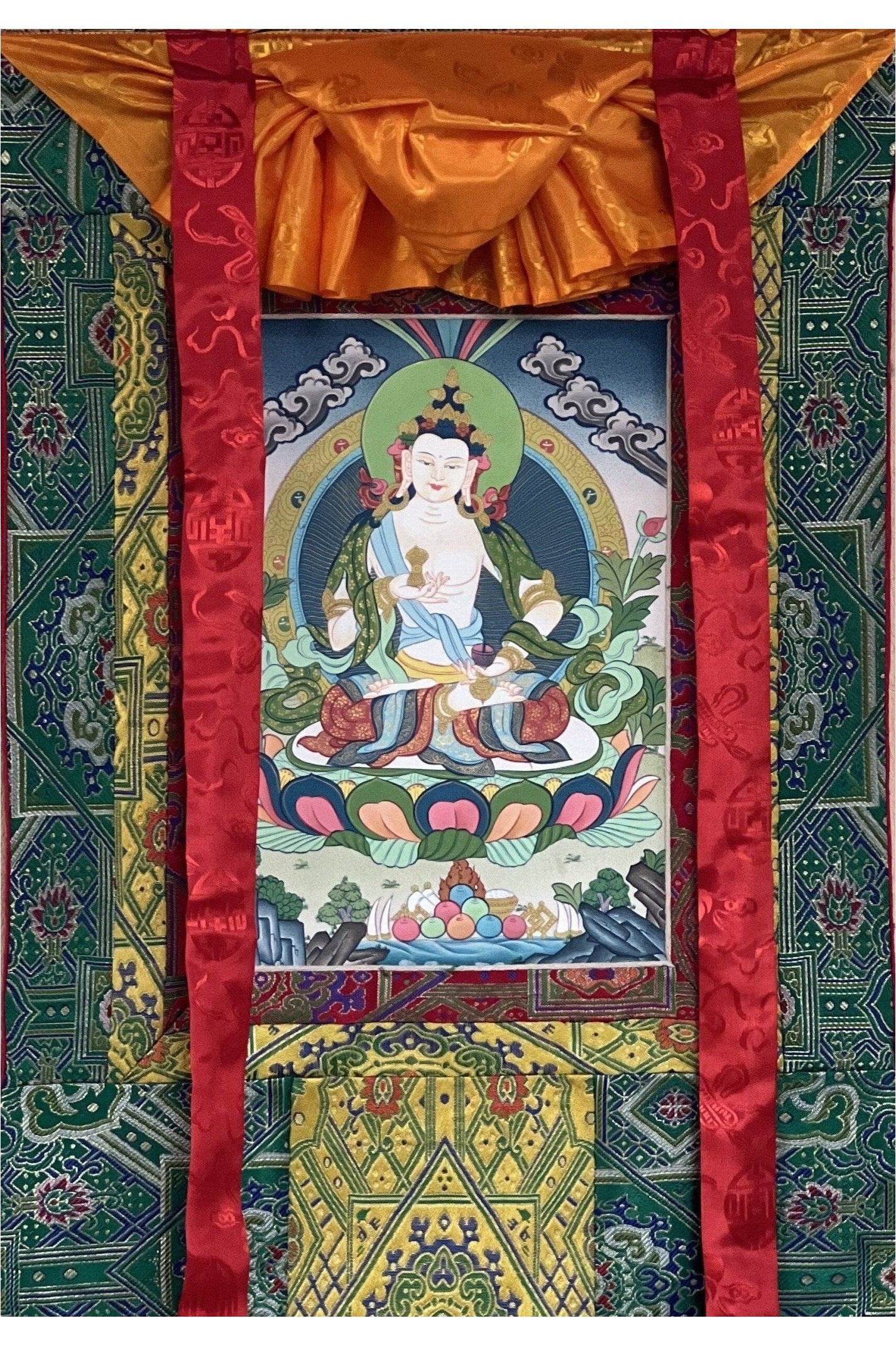 Vajrasattva/ Dorje Sempa/ Dhyani Buddha Tibetan Thangka Painting Original Buddhist Art/ Painting with High Quality Silk Brocade - Tibetan Thangka Art