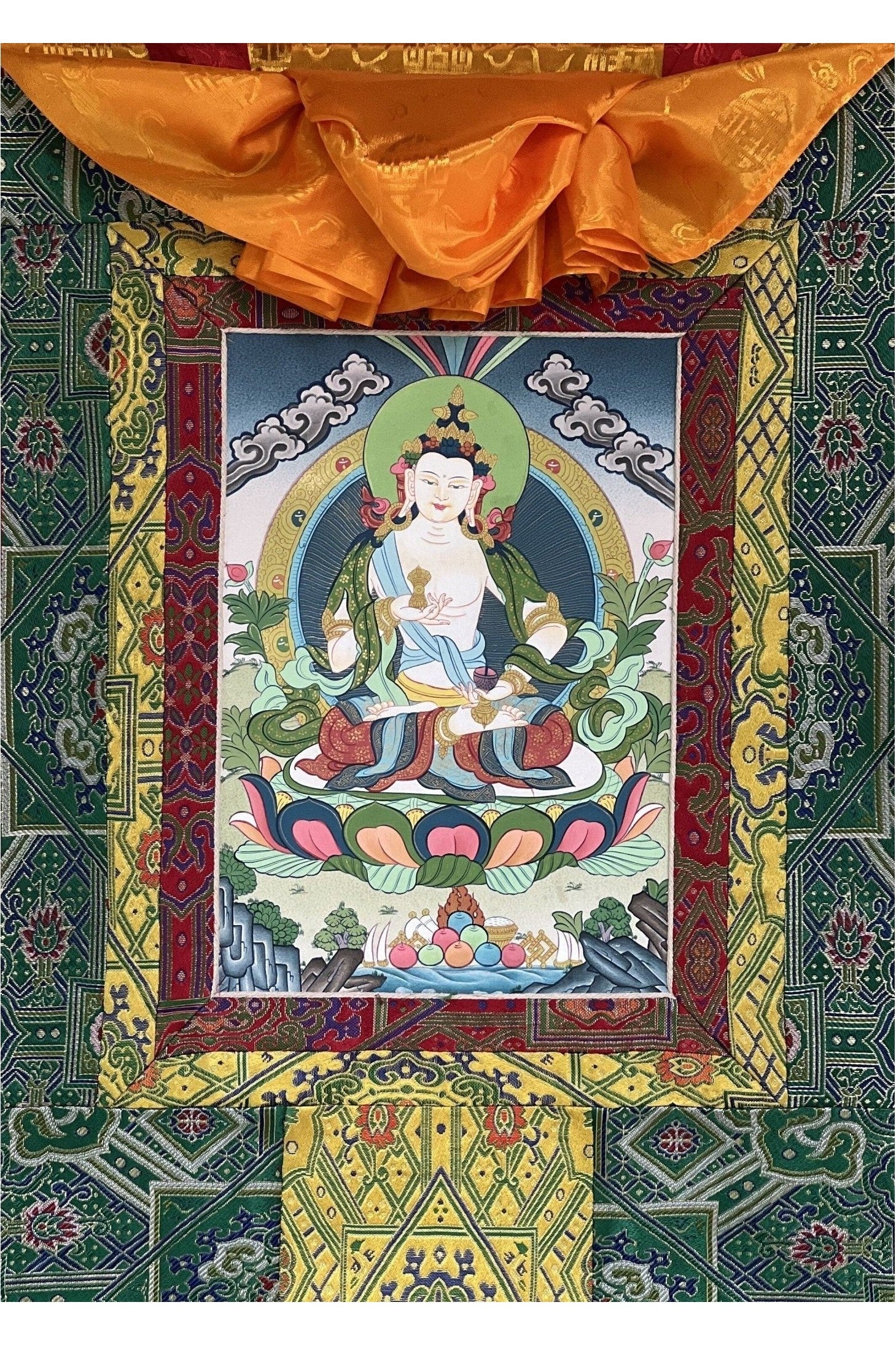 Vajrasattva/ Dorje Sempa/ Dhyani Buddha Tibetan Thangka Painting Original Buddhist Art/ Painting with High Quality Silk Brocade - Tibetan Thangka Art