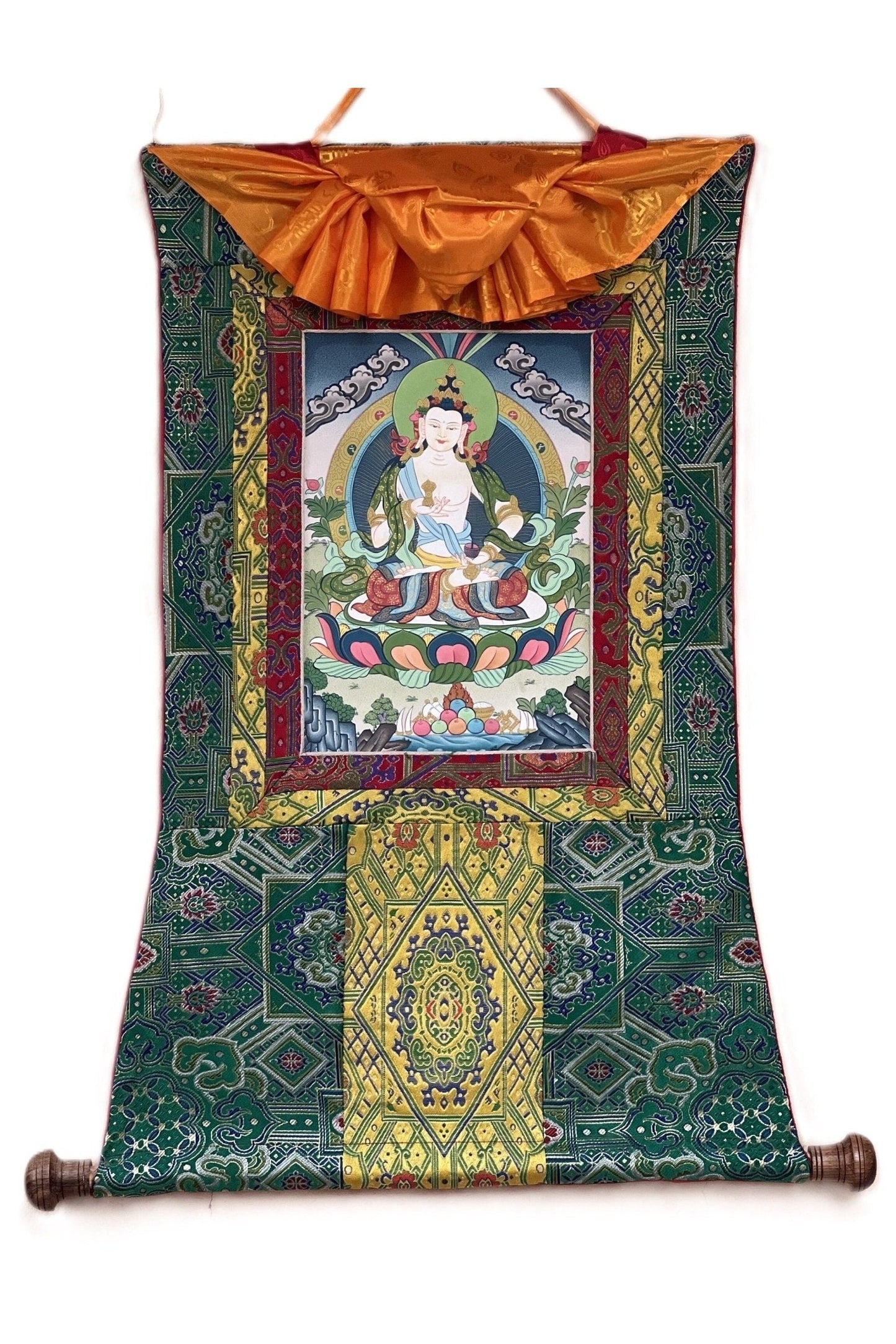 Vajrasattva/ Dorje Sempa/ Dhyani Buddha Tibetan Thangka Painting Original Buddhist Art/ Painting with High Quality Silk Brocade - Tibetan Thangka Art