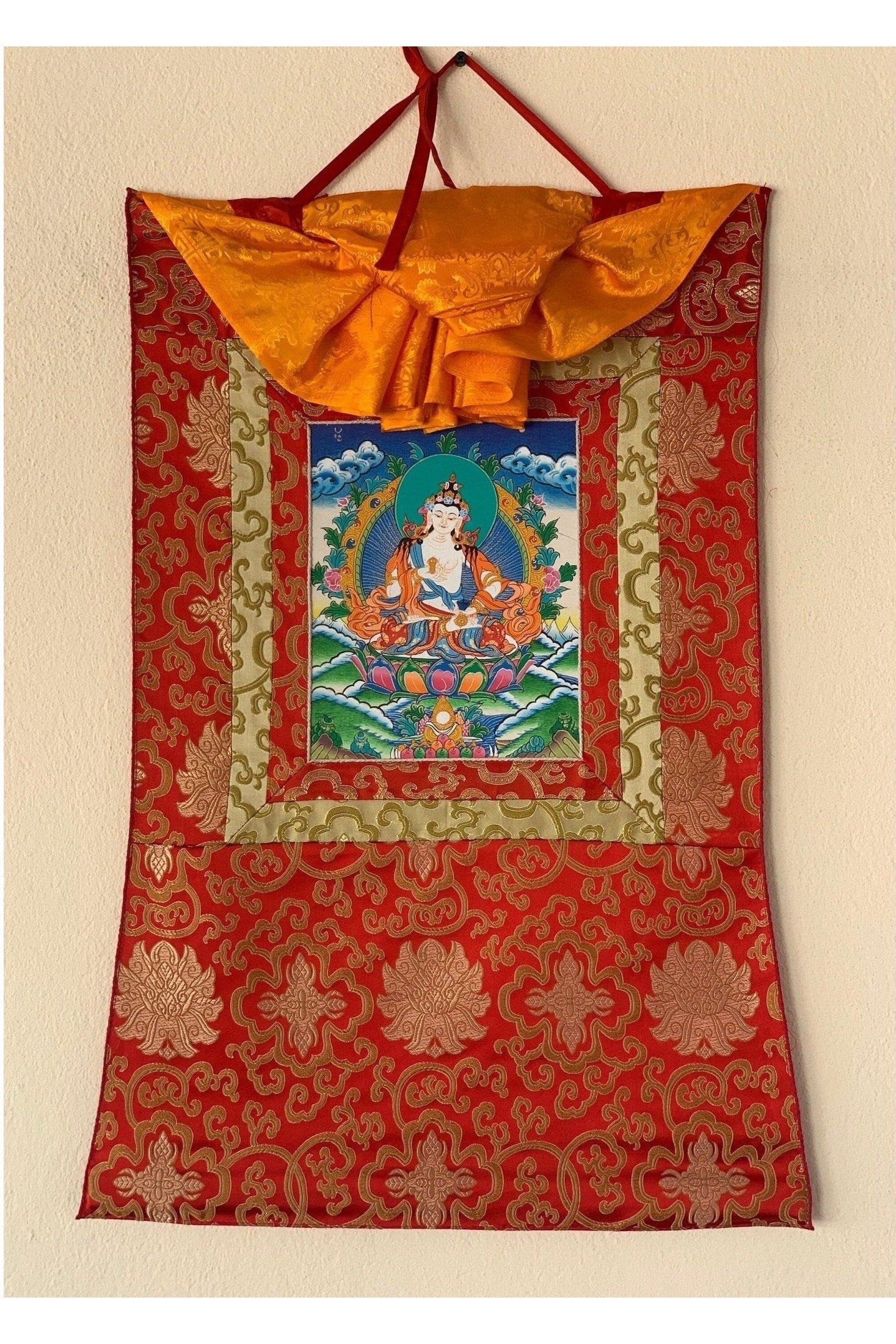 Vajrasattva, Meditating Buddha, Tibetan Thangka Painting, Original Art with Silk Frame ( Brocade) - Tibetan Thangka Art