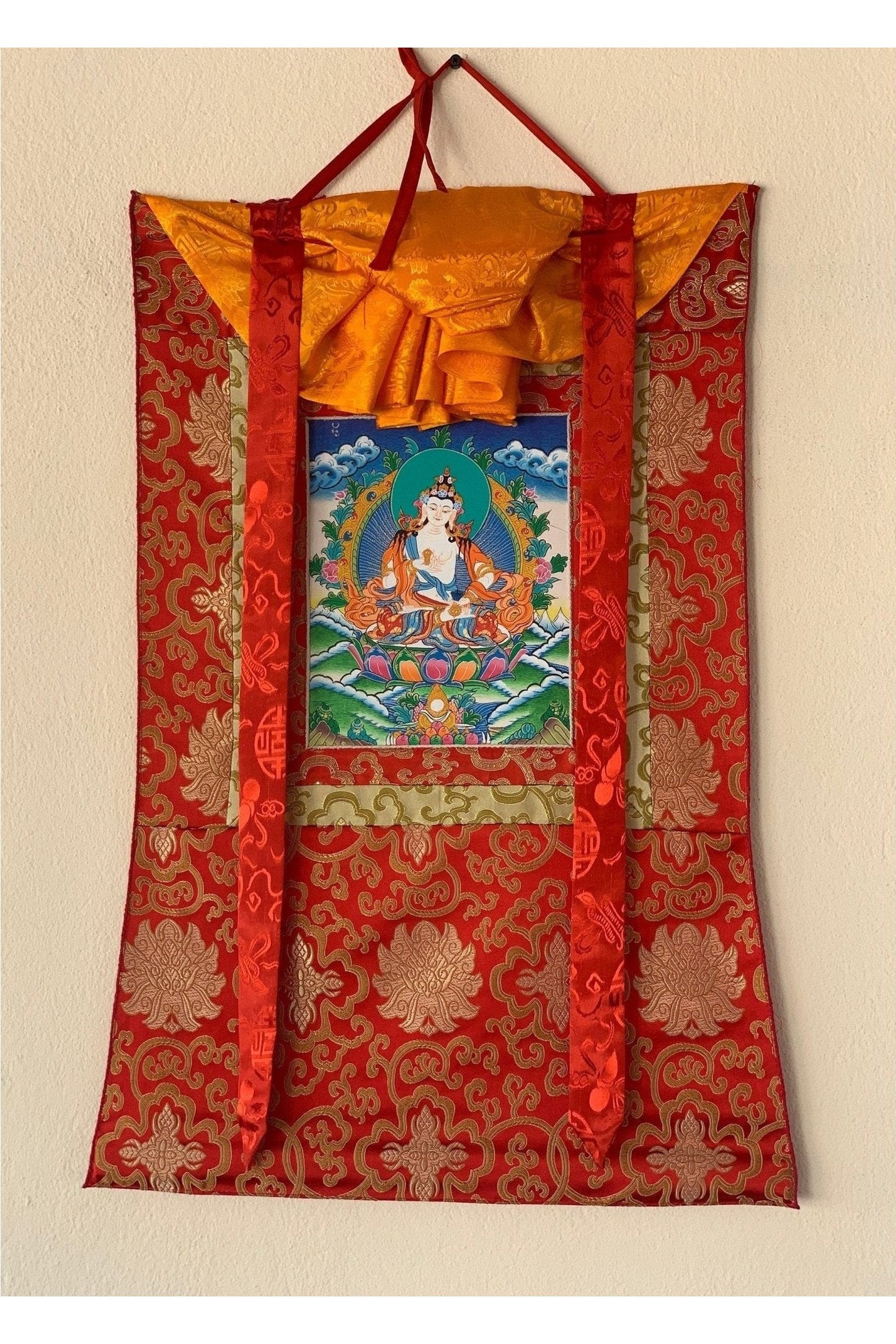 Vajrasattva, Meditating Buddha, Tibetan Thangka Painting, Original Art with Silk Frame ( Brocade) - Tibetan Thangka Art