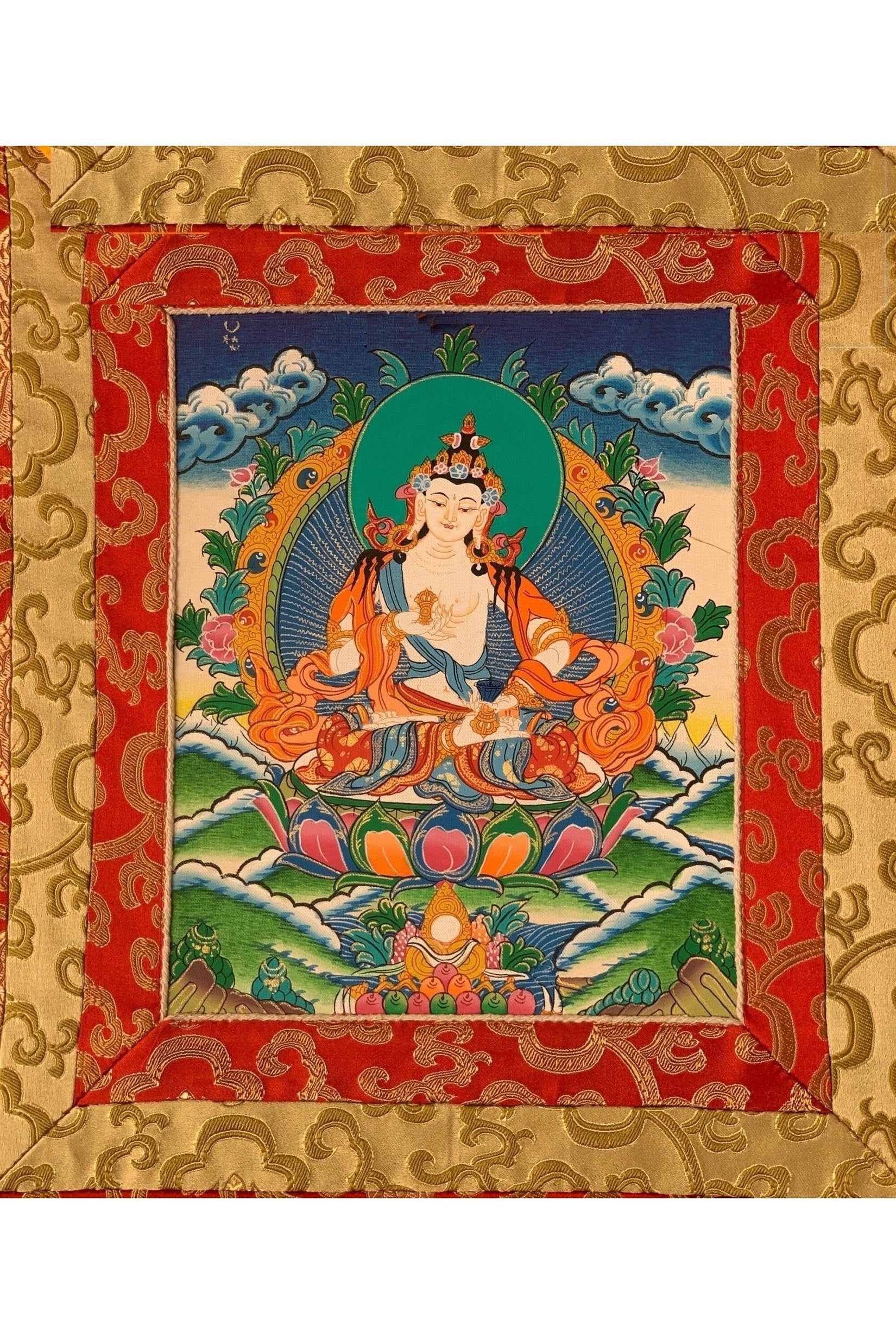 Vajrasattva, Meditating Buddha, Tibetan Thangka Painting, Original Art with Silk Frame ( Brocade) - Tibetan Thangka Art