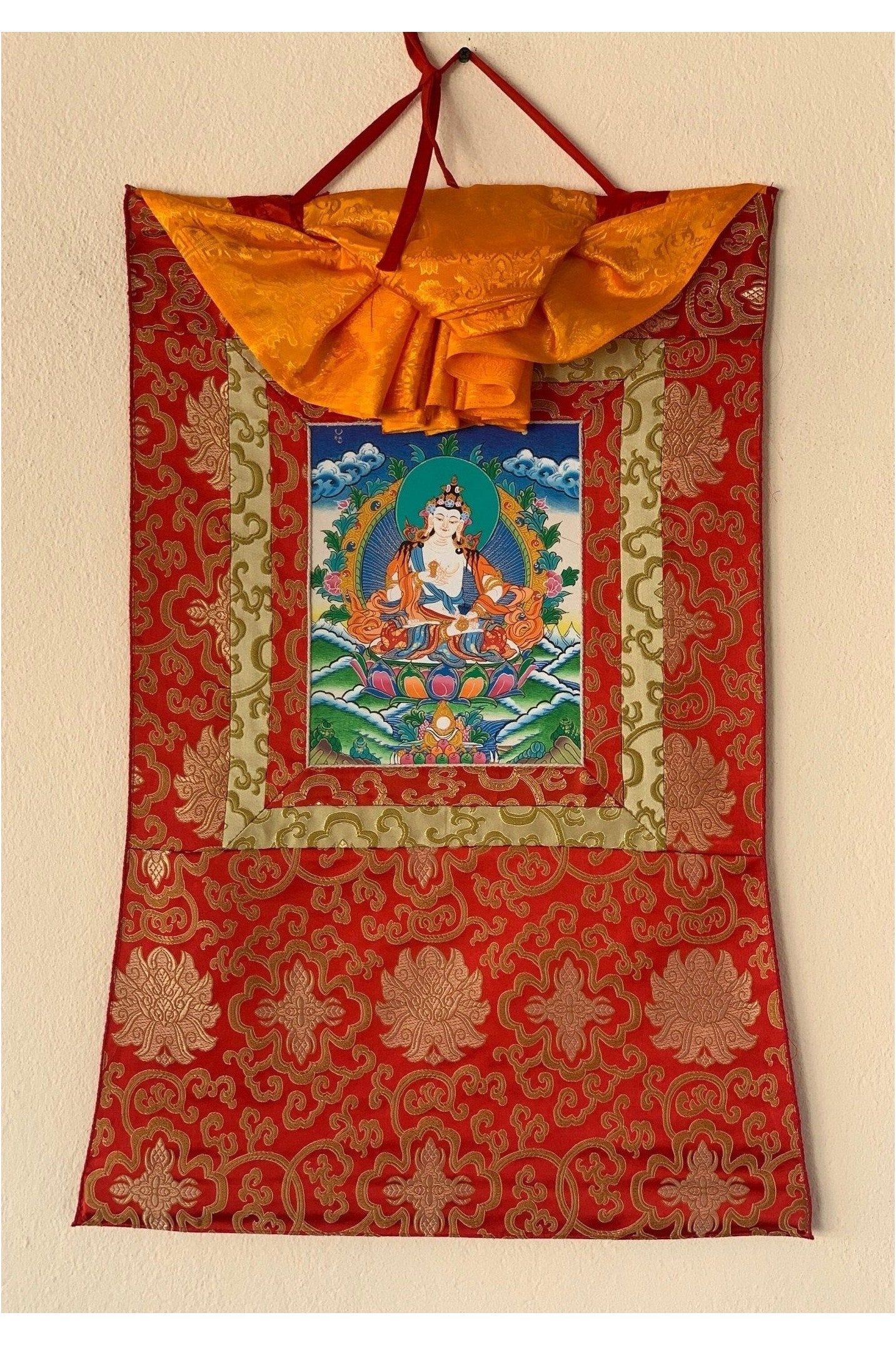 Vajrasattva, Meditating Buddha, Tibetan Thangka Painting, Original Art with Silk Frame ( Brocade) - Tibetan Thangka Art