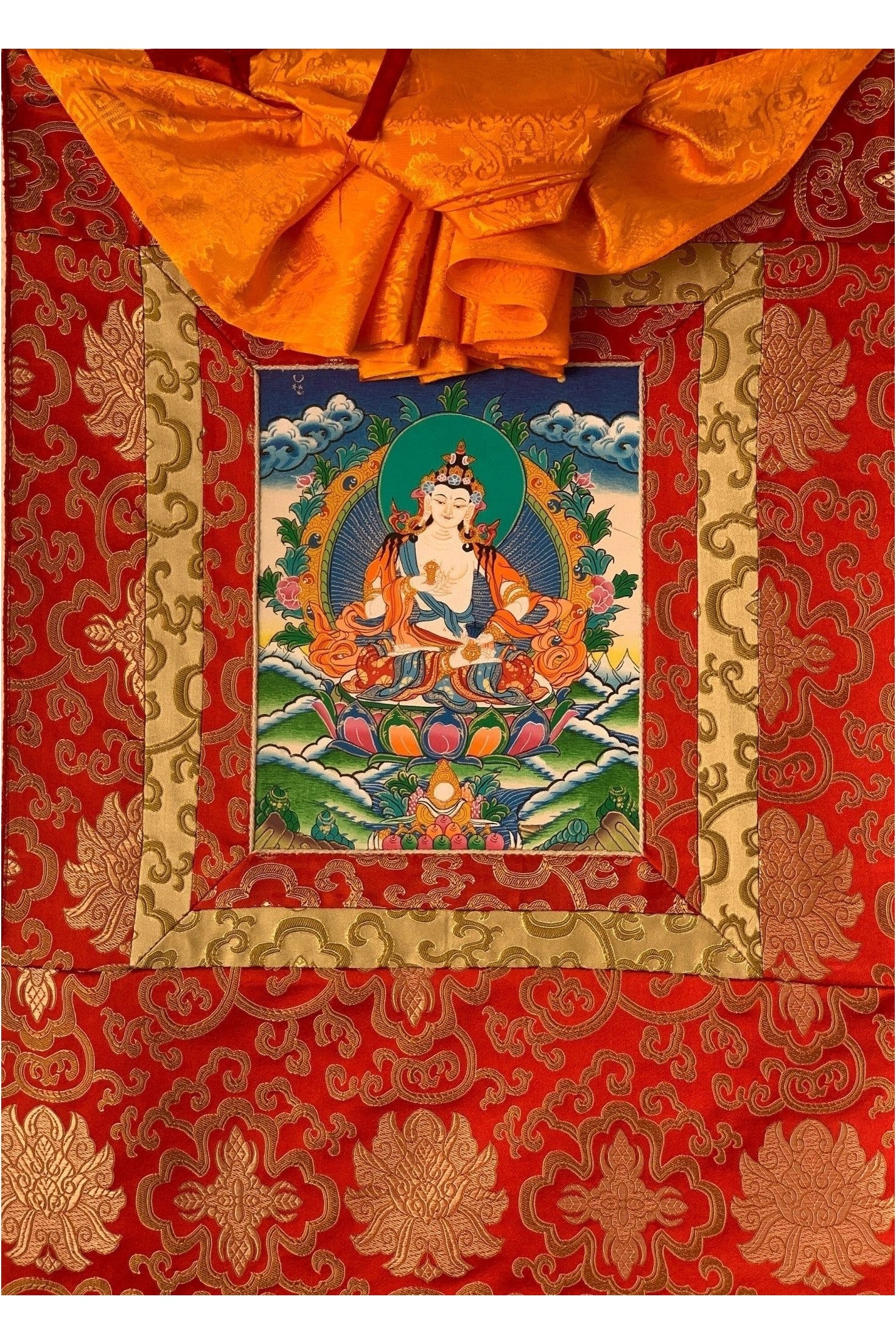 Vajrasattva, Meditating Buddha, Tibetan Thangka Painting, Original Art with Silk Frame ( Brocade) - Tibetan Thangka Art