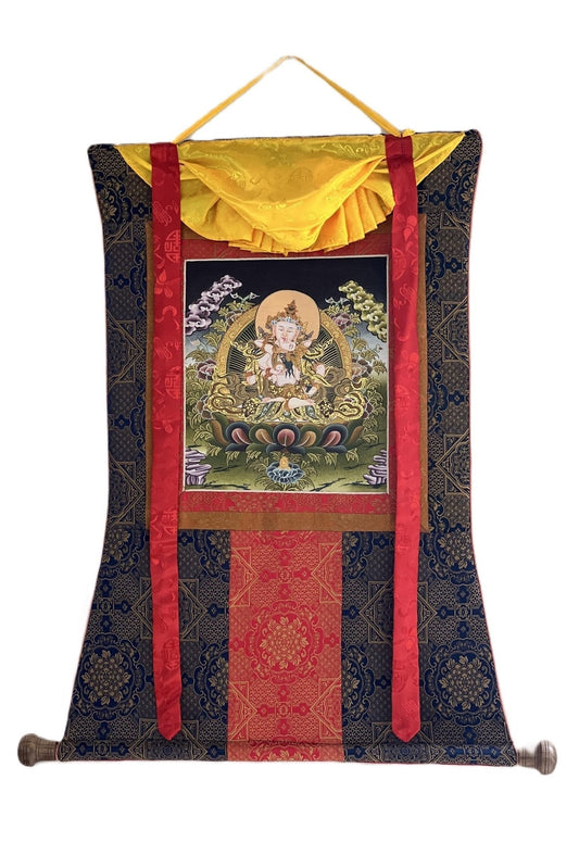 Vajrasattva Shakti/ Divine Union YabYum Embrace Tibetan Thangka Painting/ Original Buddhist Art with Premium Silk Brocade - Tibetan Thangka Art