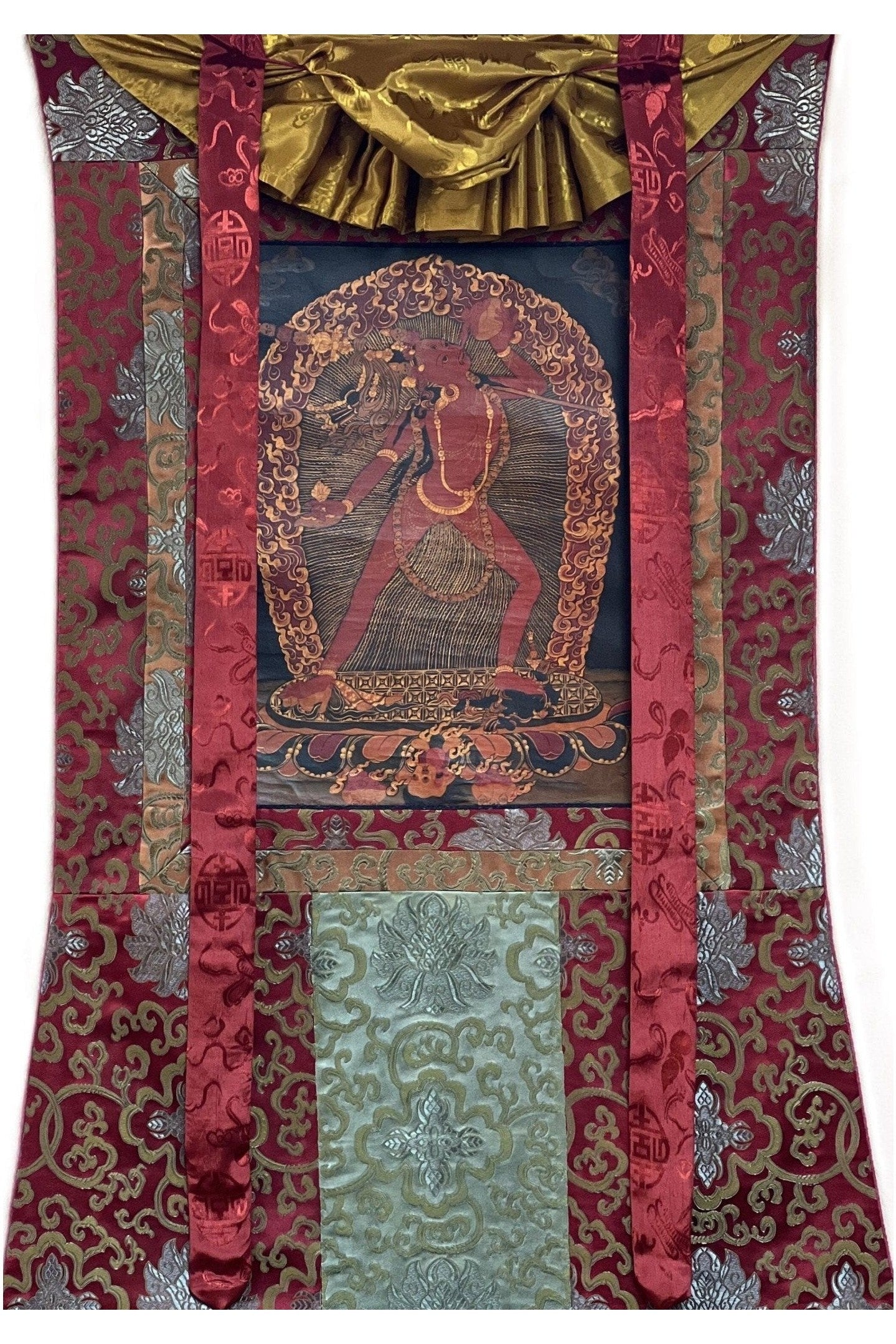 Vajrayoginī/ Jogini/ Yogini/ Dorje Neljorma/ Female Buddha Old Oi - Varnished Tibetan Thangka Painting, Original Art with Silk Brocade - Tibetan Thangka Art