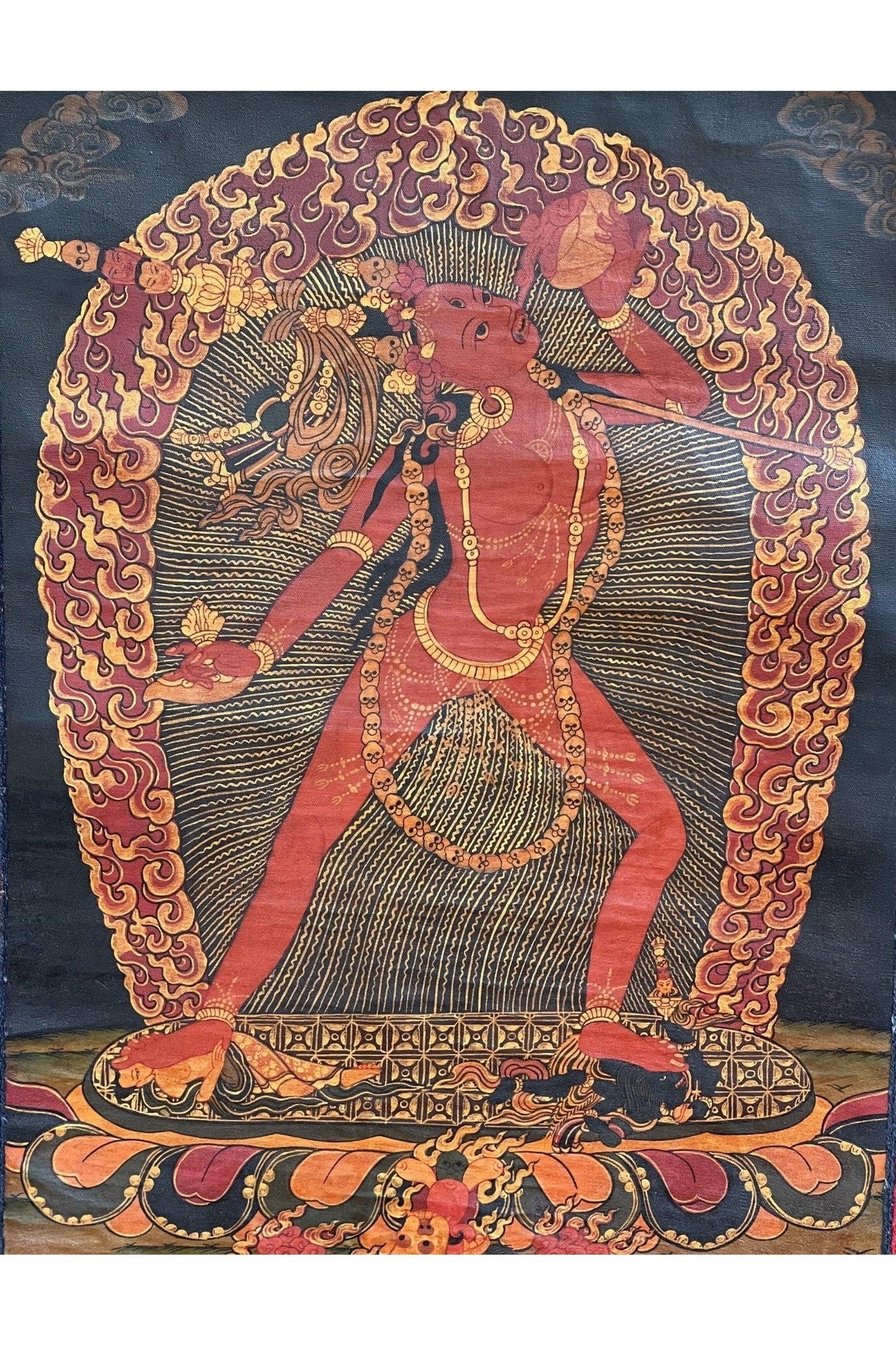 Vajrayoginī/ Jogini/ Yogini/ Dorje Neljorma/ Female Buddha Old Oi - Varnished Tibetan Thangka Painting, Original Art with Silk Brocade - Tibetan Thangka Art