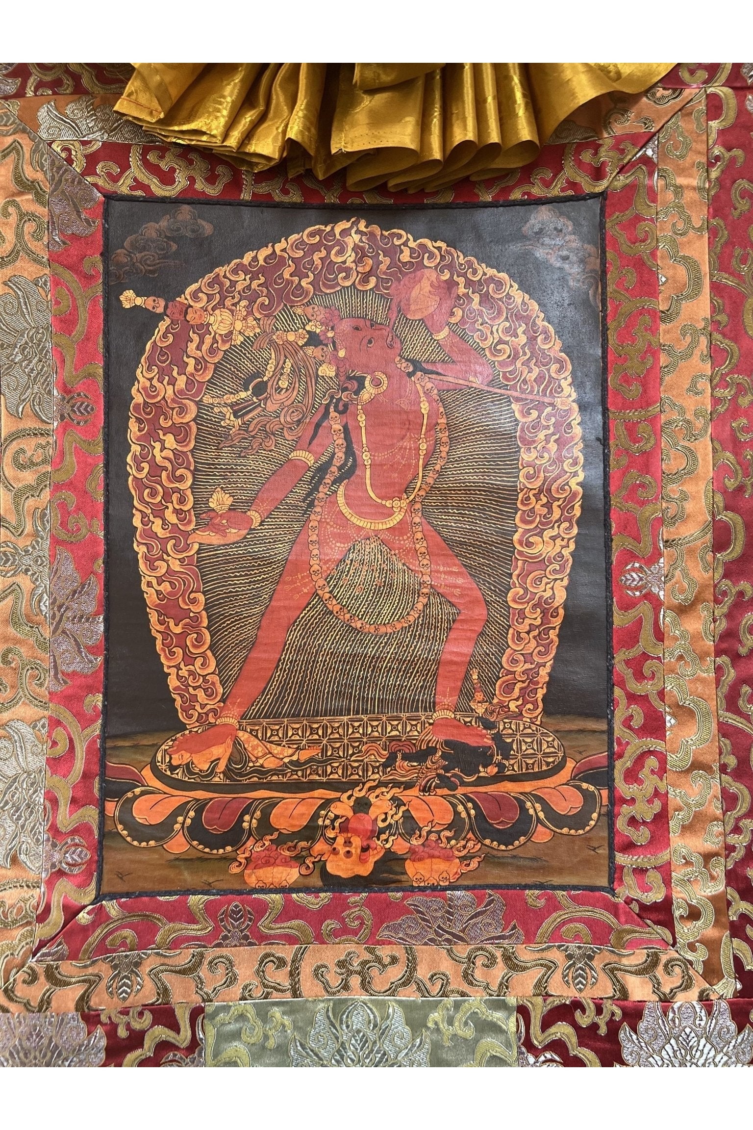 Vajrayoginī/ Jogini/ Yogini/ Dorje Neljorma/ Female Buddha Old Oi - Varnished Tibetan Thangka Painting, Original Art with Silk Brocade - Tibetan Thangka Art