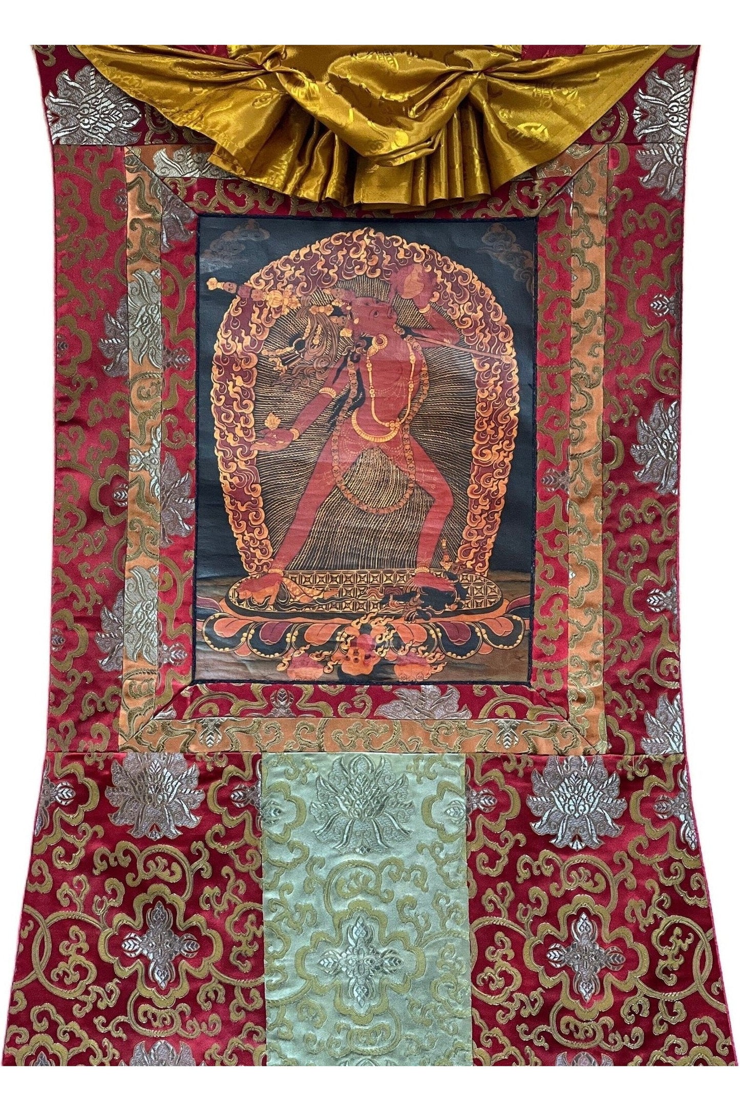 Vajrayoginī/ Jogini/ Yogini/ Dorje Neljorma/ Female Buddha Old Oi - Varnished Tibetan Thangka Painting, Original Art with Silk Brocade - Tibetan Thangka Art