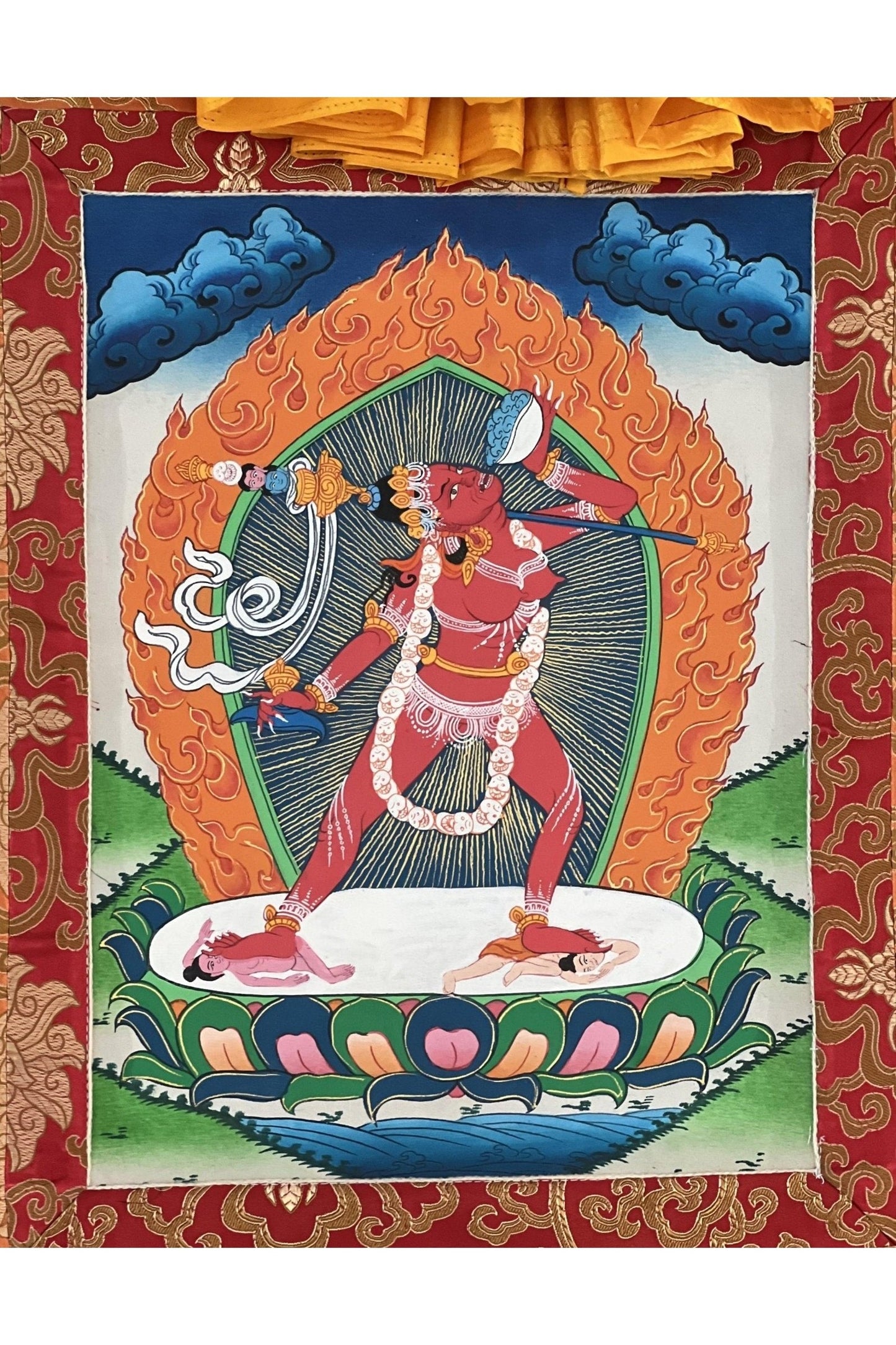 Vajrayoginī/ Jogini/ Yogini/ Dorje Neljorma/ Female Buddha Tibetan Thangka Painting, Original Art with Silk Brocade - Tibetan Thangka Art