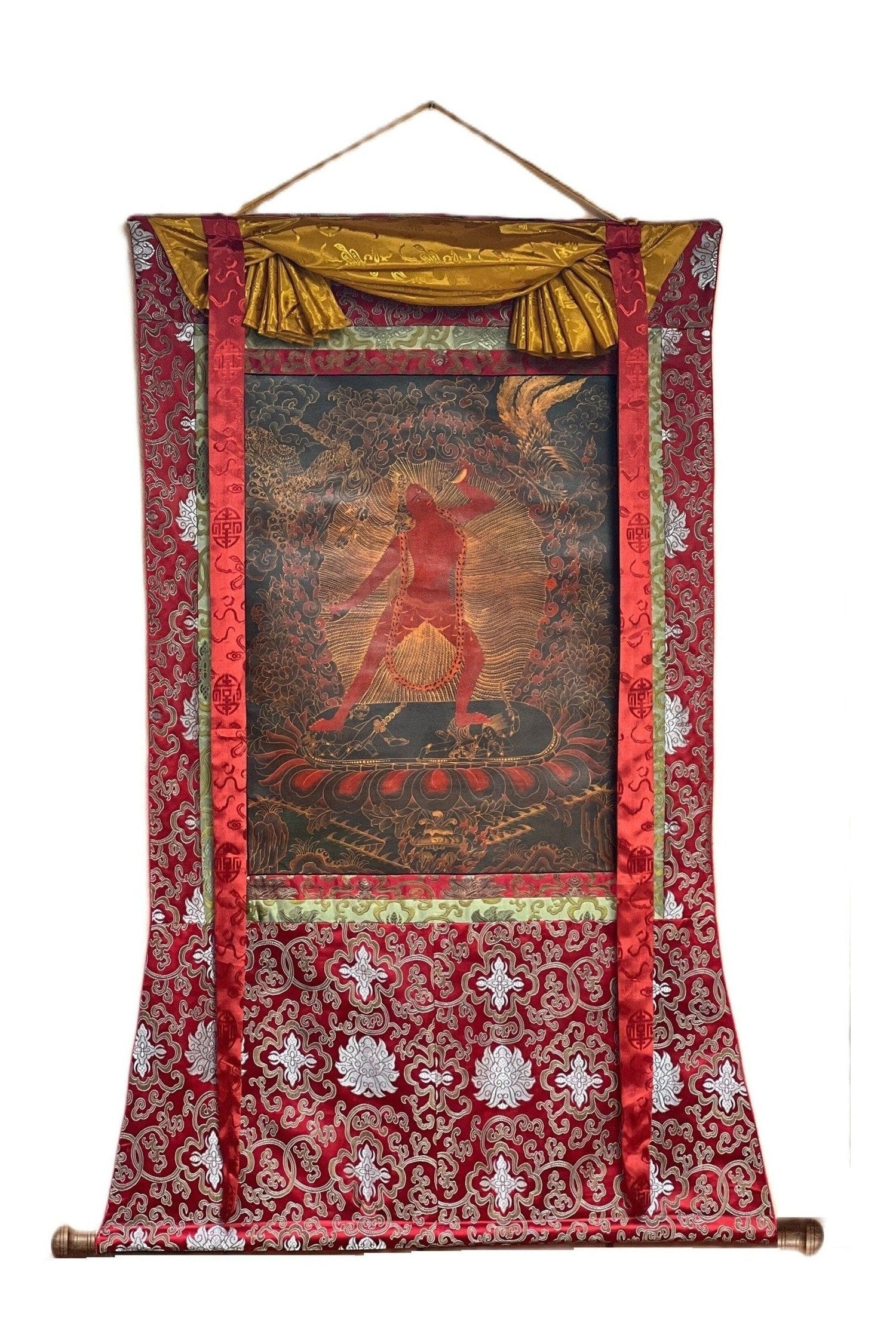 Vajrayoginī/ Yogini/ Dorje Neljorma/ Female Buddha Old Oil Varnished Tibetan Thangka Painting Original Hand - painting with Silk Brocade - Tibetan Thangka Art