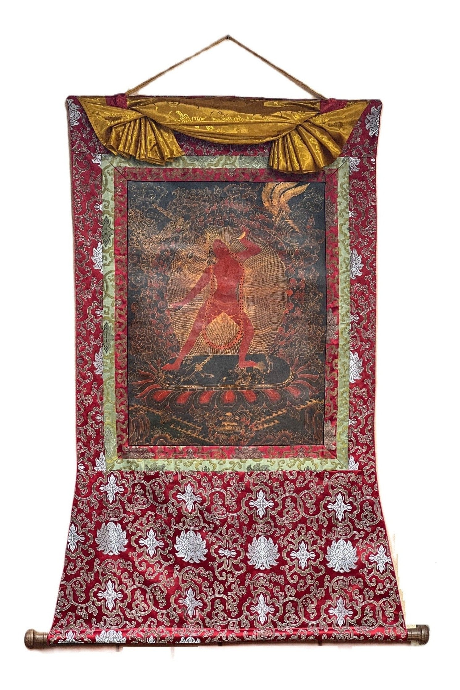 Vajrayoginī/ Yogini/ Dorje Neljorma/ Female Buddha Old Oil Varnished Tibetan Thangka Painting Original Hand - painting with Silk Brocade - Tibetan Thangka Art