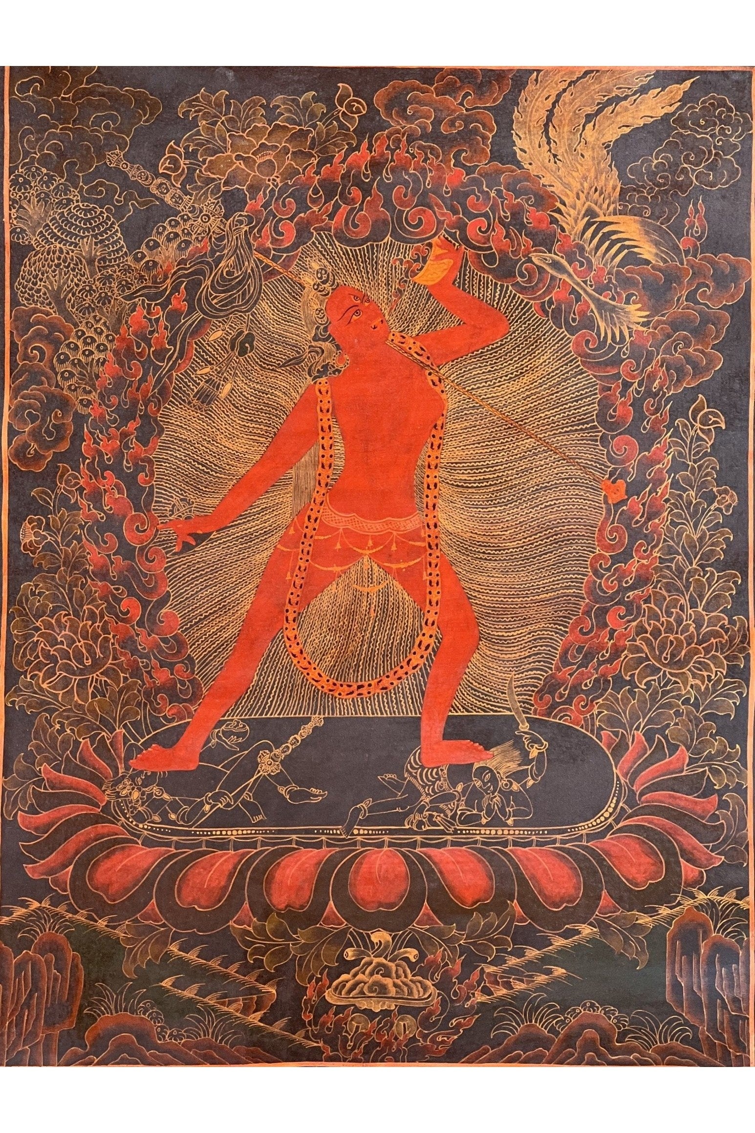 Vajrayoginī/ Yogini/ Dorje Neljorma/ Female Buddha Old Oil Varnished Tibetan Thangka Painting Original Hand - painting with Silk Brocade - Tibetan Thangka Art