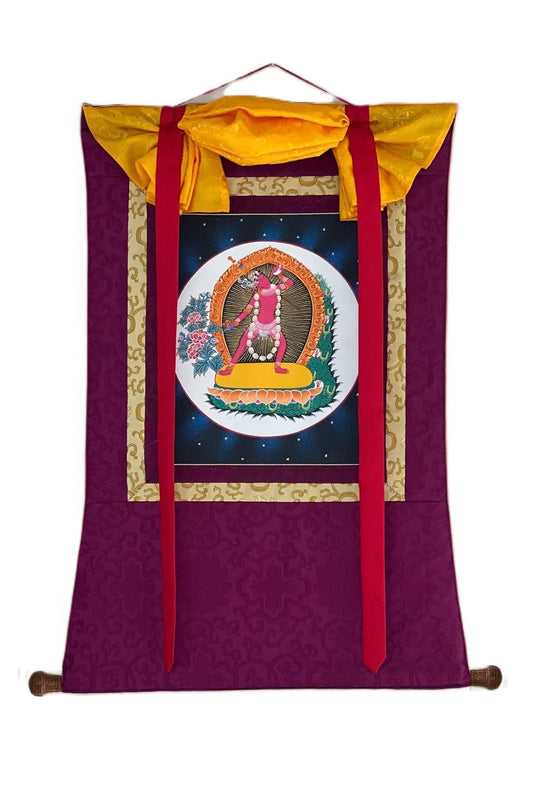 Vajrayoginī/Jogini/ Yogini/ Dorje Neljorma Female Buddha Tibetan Thangka Painting/ Original Hand Painting / Tantra Art with Silk Brocade - Tibetan Thangka Art