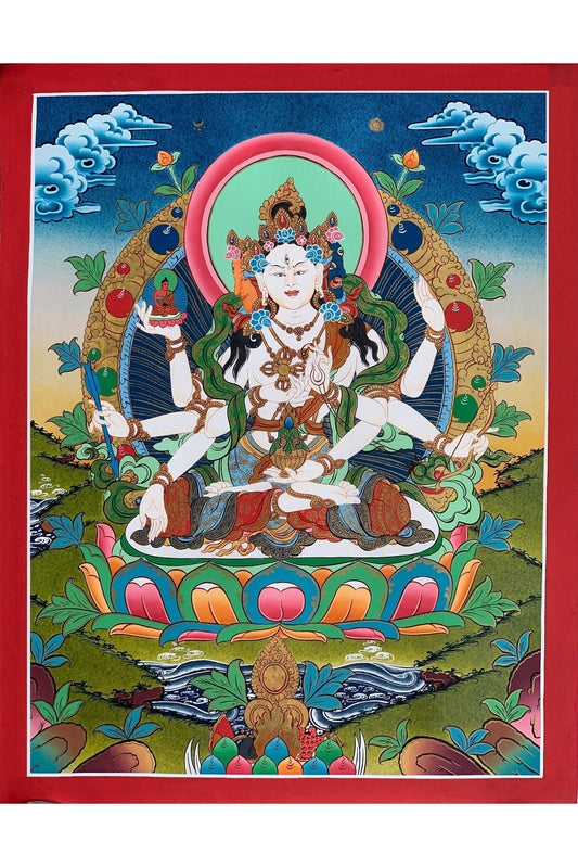 Vasudhara/ Vasundhara/ Basundhara/ Namgyalma/ Goddess of Abundance/ Masterpiece Blessed Tibetan Thangka Painting/ Original Hand - Painting - Tibetan Thangka Art