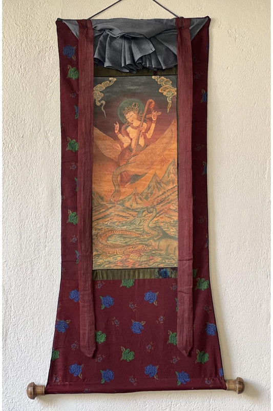 Vintage Saraswati Thangka Painting | Oil - Varnished Buddhist Art Framed with Cotton Brocade | Goddess of Knowledge, Art & Music - Tibetan Thangka Art