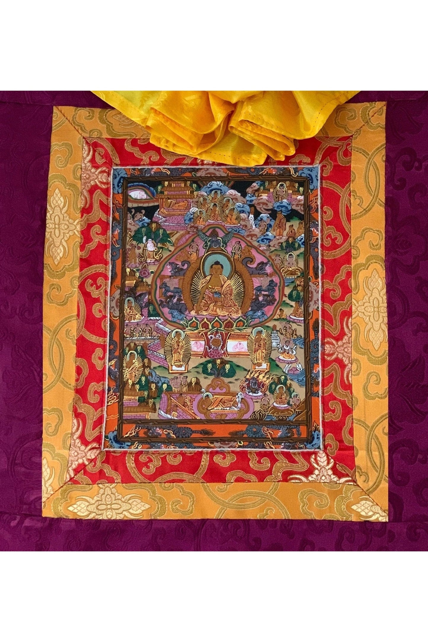 Wheel of Life, Bhavacakra, Buddha Life, Mandala, Thangka Painting, Original Art with Silk Brocade - Tibetan Thangka Art