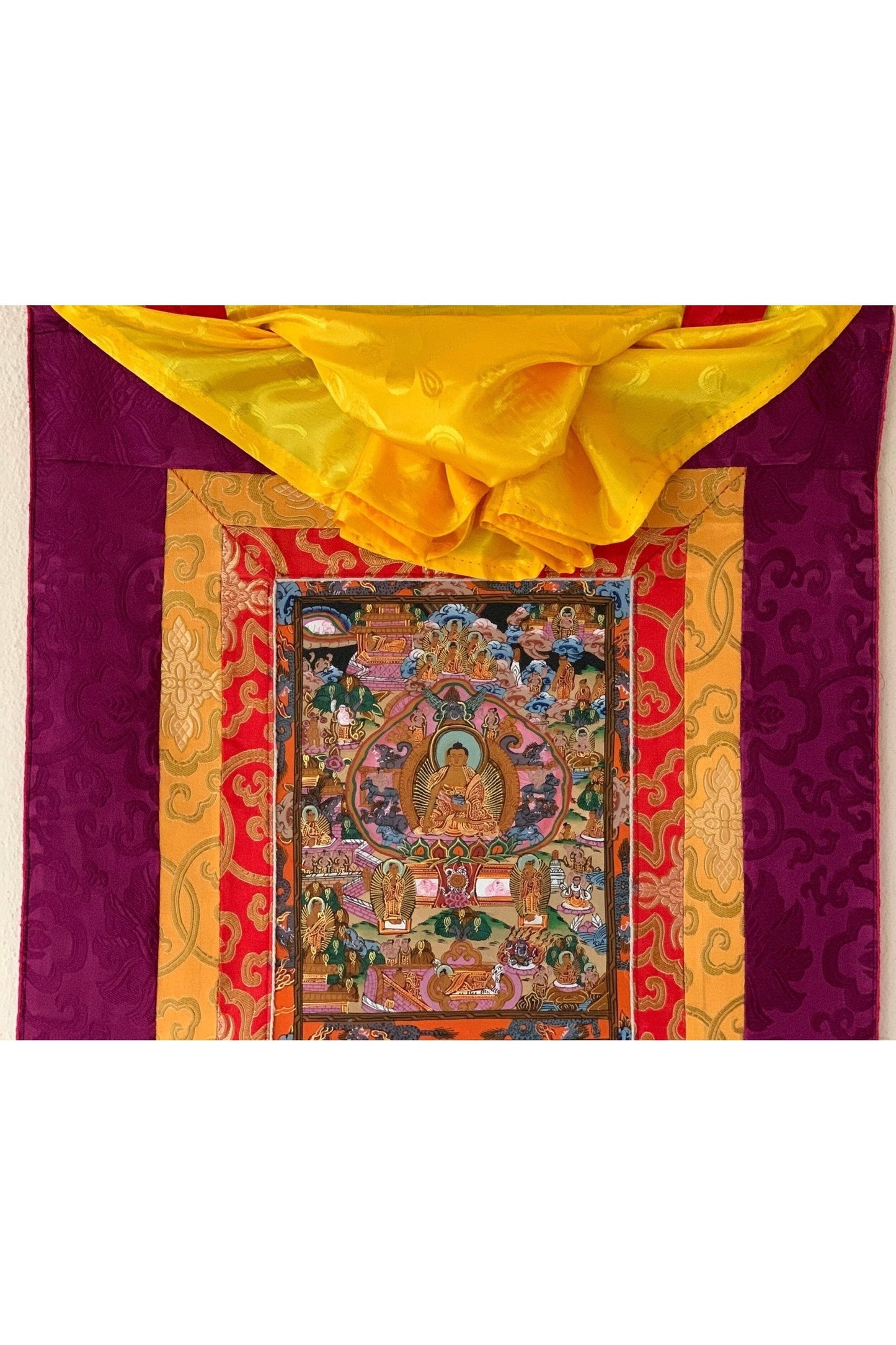 Wheel of Life, Bhavacakra, Buddha Life, Mandala, Thangka Painting, Original Art with Silk Brocade - Tibetan Thangka Art