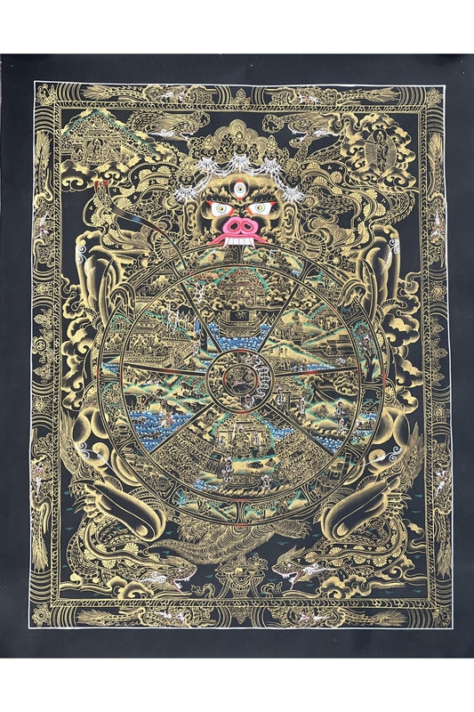 Wheel of Life/ Bhavacakra / Samsara Chakra/ Riduk Mandala Masterpiece Black and Gold Original Tibetan Thangka Painting / Wall Hanging - Tibetan Thangka Art