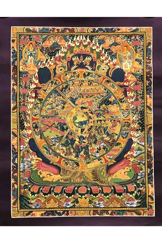 Wheel of Life Bhavacakra/ Samsara Mandala Masterpiece Smoky Tibetan Thangka Painting Original Art/ Meditation Wall Hanging - Tibetan Thangka Art