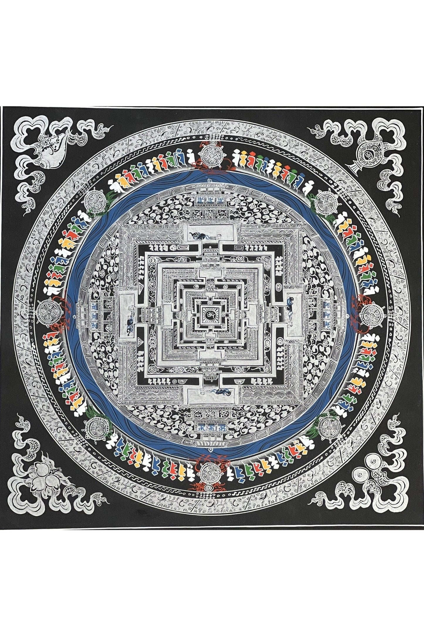 Wheel of Life/ Kalachakra Mandala Original Masterpiece Black and Silver Original Tibetan Thangka Painting /Wall Hanging - Tibetan Thangka Art