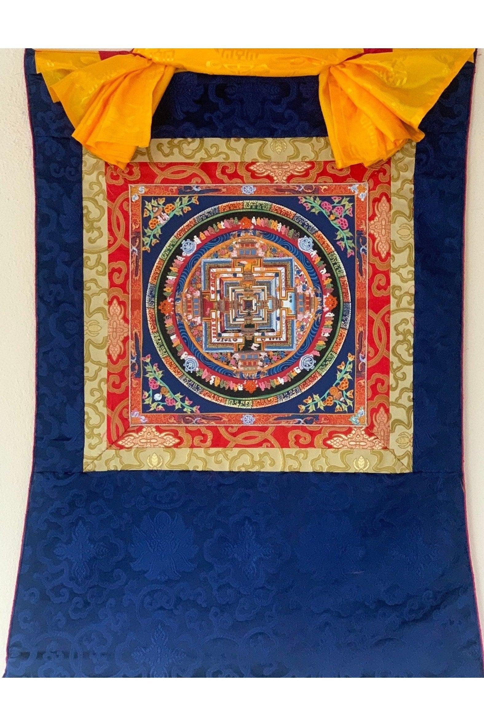 Wheel of Life, Kalachakra Mandala, Tibetan Thangka Painting, Original Art with Silk Brocade - Tibetan Thangka Art