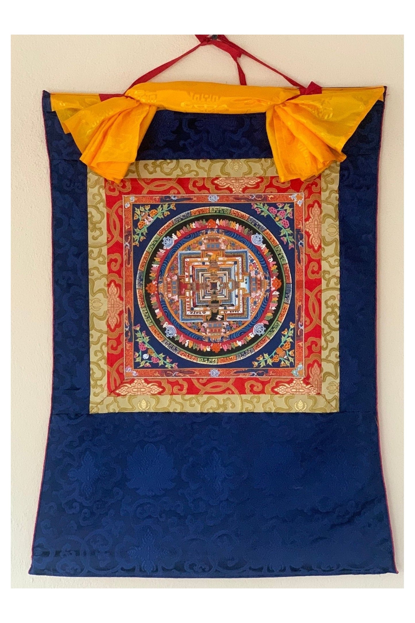 Wheel of Life, Kalachakra Mandala, Tibetan Thangka Painting, Original Art with Silk Brocade - Tibetan Thangka Art