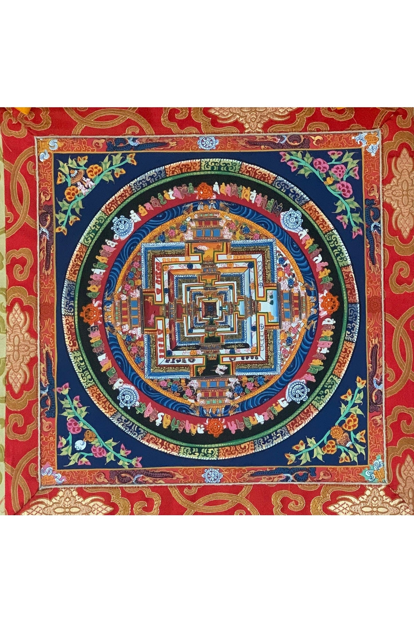 Wheel of Life, Kalachakra Mandala, Tibetan Thangka Painting, Original Art with Silk Brocade - Tibetan Thangka Art