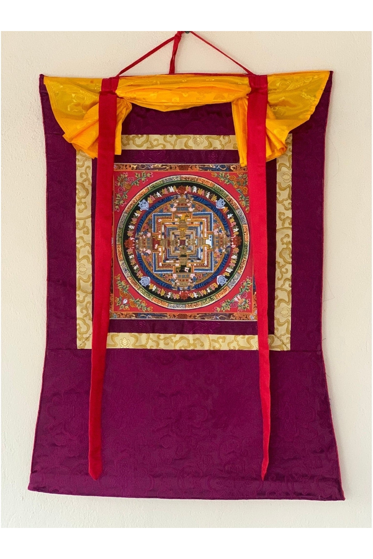 Wheel of Life, Kalachakra Mandala, Tibetan Thangka Painting, Original Art with Silk Brocade - Tibetan Thangka Art