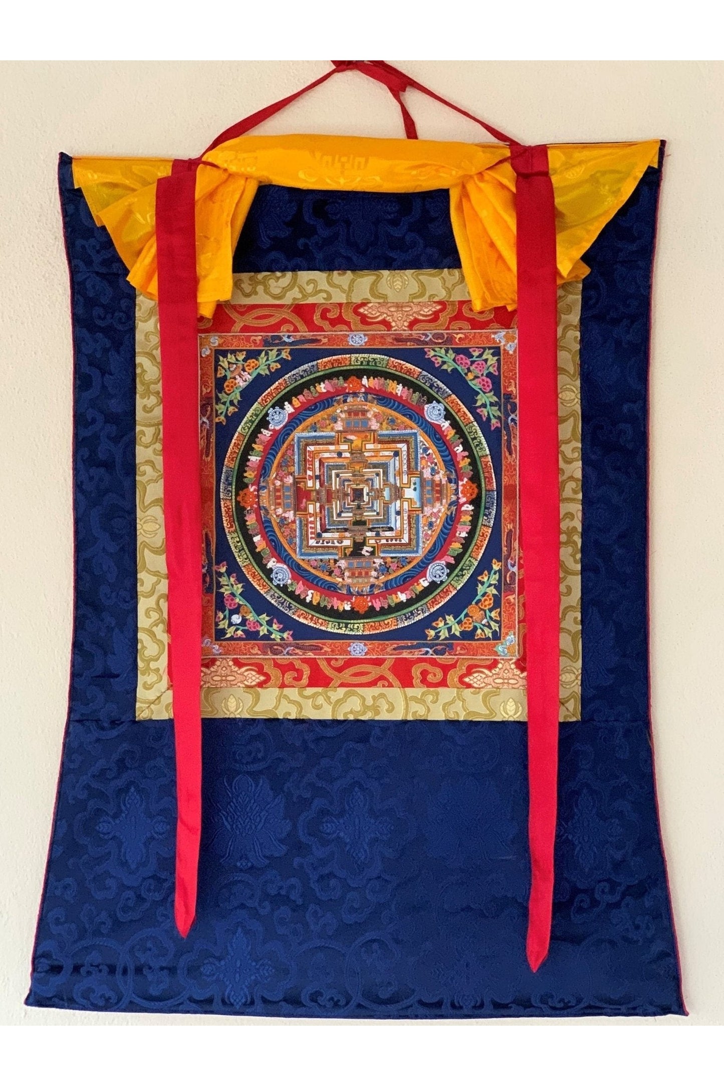 Wheel of Life, Kalachakra Mandala, Tibetan Thangka Painting, Original Art with Silk Brocade - Tibetan Thangka Art