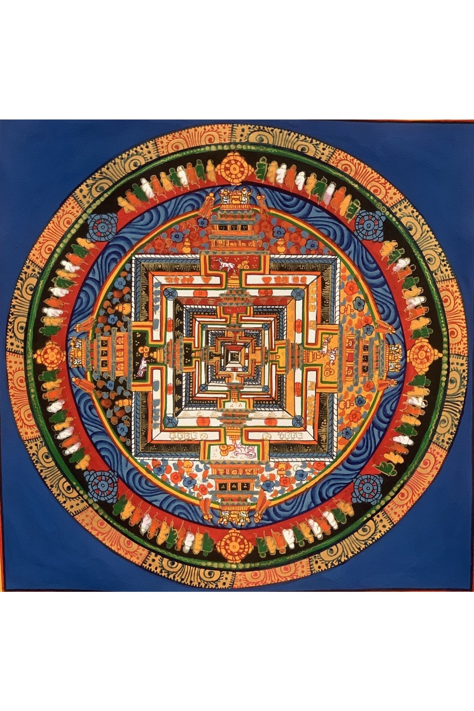 Wheel of Life, Wheel of Time, Kalachakra Mantra Mandala Hand Painted Original Tibetan Thangka Meditation Art 12 x 12 Inch - Tibetan Thangka Art